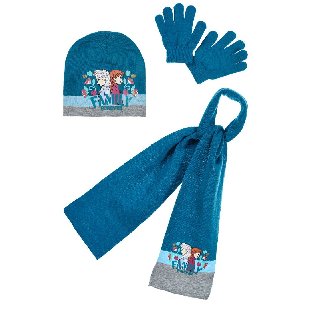 Die Kinder 3tlg.Set bis 54 Disney Gr. Blau Wintermütze Handschuhe (3-St) 52 Eiskönigin Ballonmütze Disney Schal