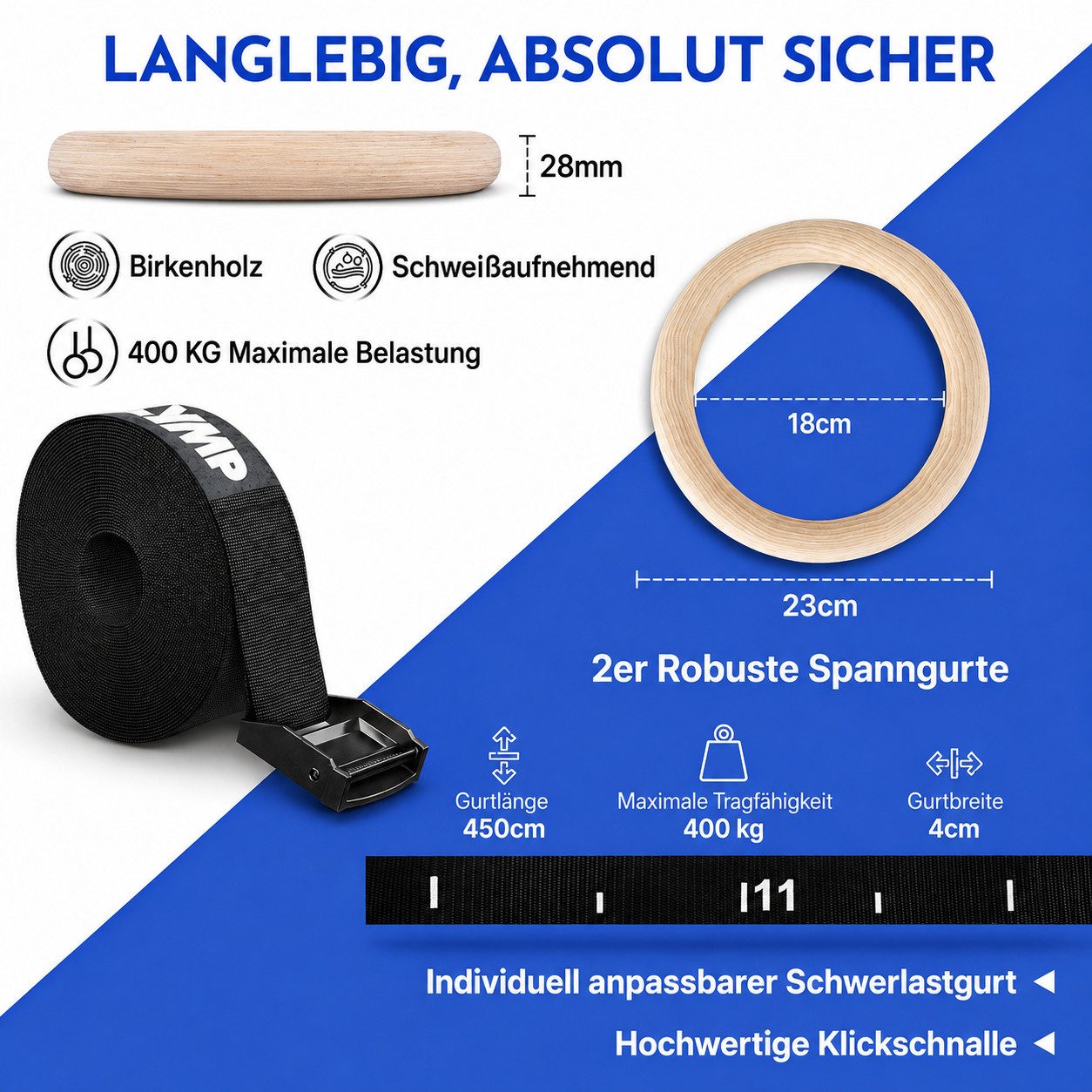 NEOLYMP Turnring NEOLYMP Turnringe Outdoor – Gymnastikringe – Absorbiert Schweiß (Turngeräte für Zuhause & Outdoor Training - Calisthenics Ringe, Gymringe Outdoor, Schnellgurtverschlüsse, Tragetasche), Optimaler Grip & Haltbarkeit - Turnringe geschliffen -400kg belastbar