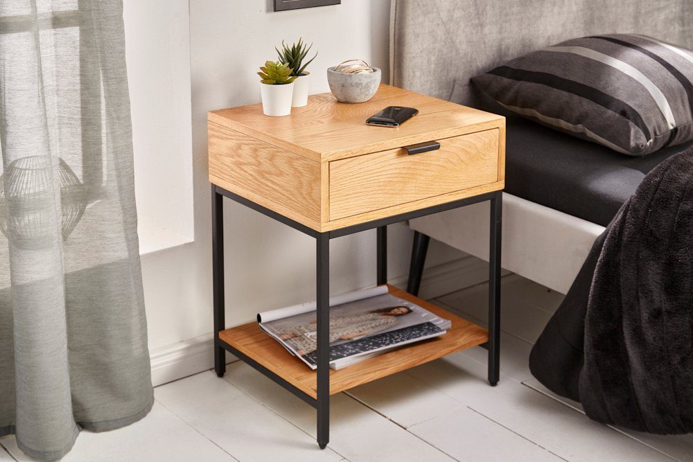 riess-ambiente Nachttisch ELEMENTS 40cm natur / schwarz (Einzelartikel, 1-St), Eichen-Design · Metall · mit Schublade · Industrial
