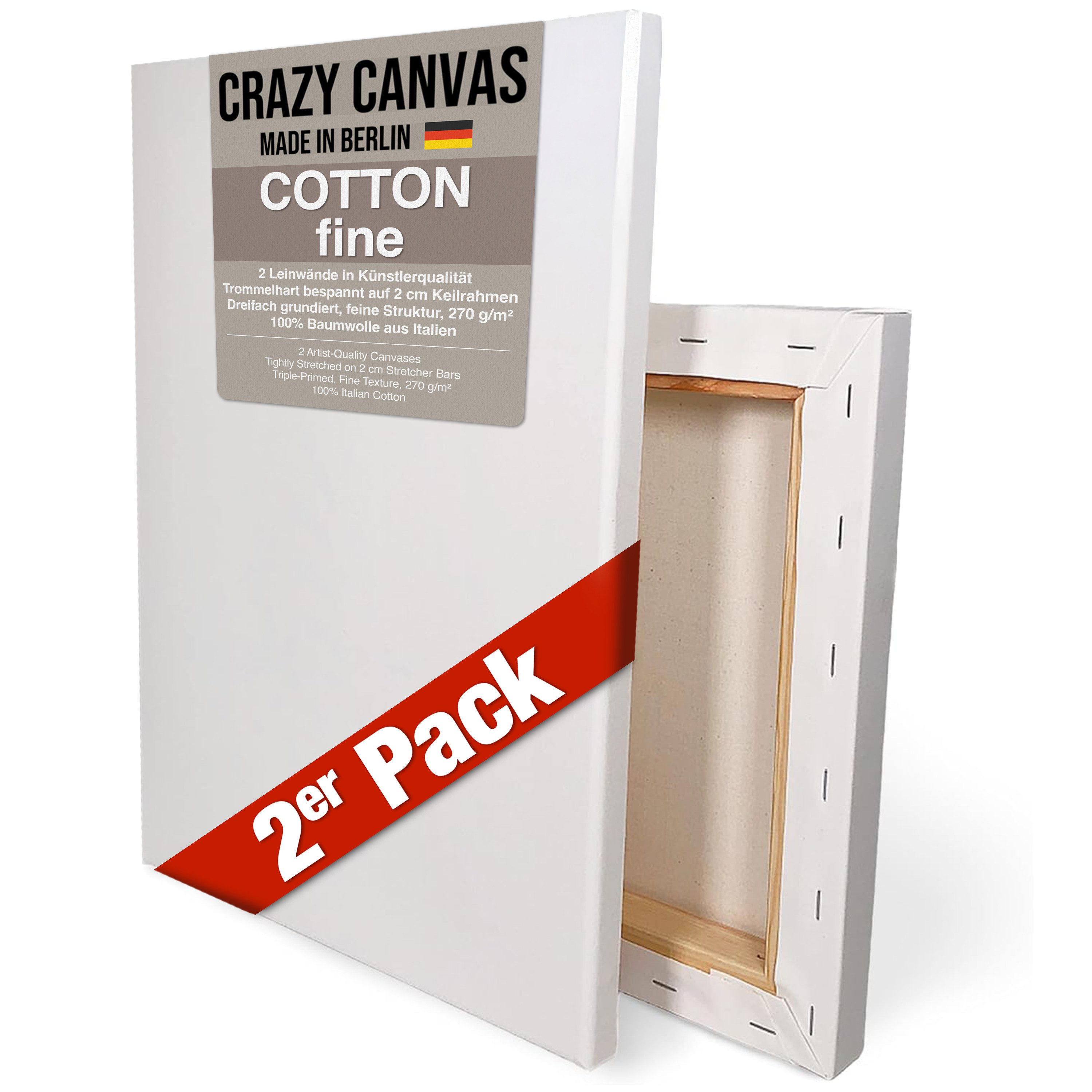 Crazy Canvas Leinwand Cotton Fine 30x30 cm, 2er Pack, sehr feine Struktur, versandfrei, dreifach grundiert, 270 g/m², sehr feine Struktur, Made in Berlin