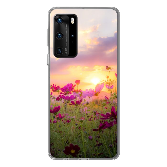 MuchoWow Handyhülle Blumen - Rosa - Sonnenuntergang - Natur - Wiese - Horizont Handyhülle Huawei P40 Pro Handy Case Silikon Bumper Case