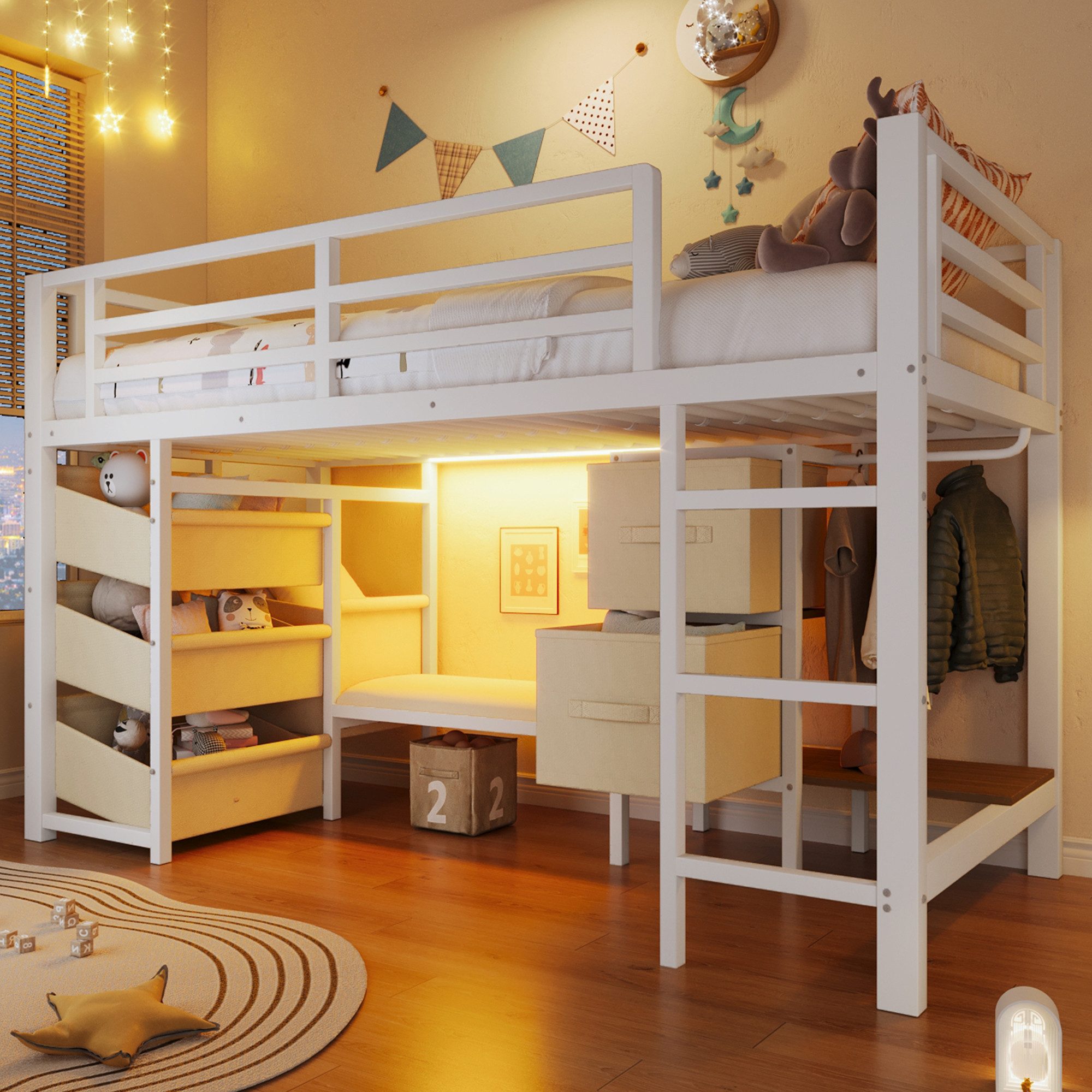 Merax Hochbett 90x200cm mit LED-Beleuchtung (Jugendbett Einzelbett, 1-St) Metallbett Kinderbett mit Stoff-Stauraum, Sitzkissen, Aufhängebereich