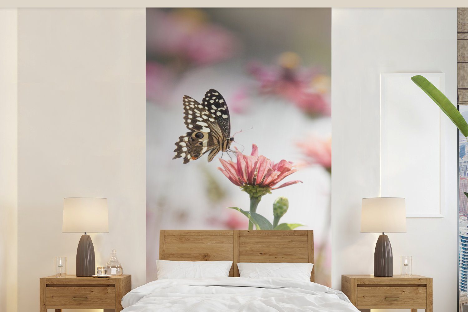 Schlafzimmer Matt, MuchoWow Vliestapete bedruckt, - Wohnzimmer Küche, Fototapete - Fototapete Schmetterling für Rosa, St), Blume (2