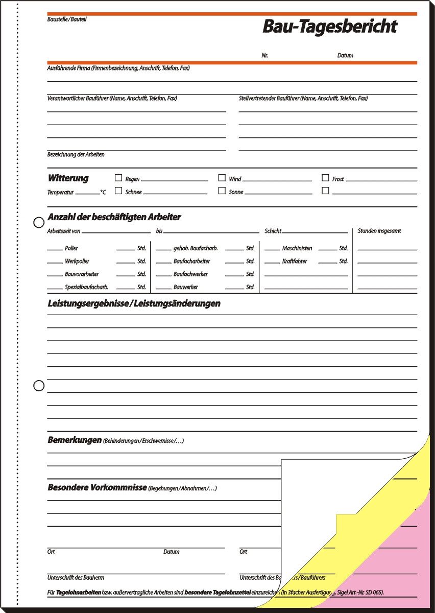Formularblock Bautagebuch A4 3x40 Blatt selbstdurchschreibend.