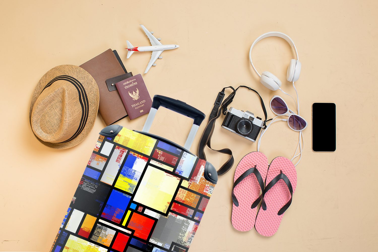4 Ferien, Handgepäckkoffer Reisetasche für Reisekoffer Rollen, - rollen, Regenbogen Muster, - MuchoWow Handgepäck Trolley, mit Mondrian