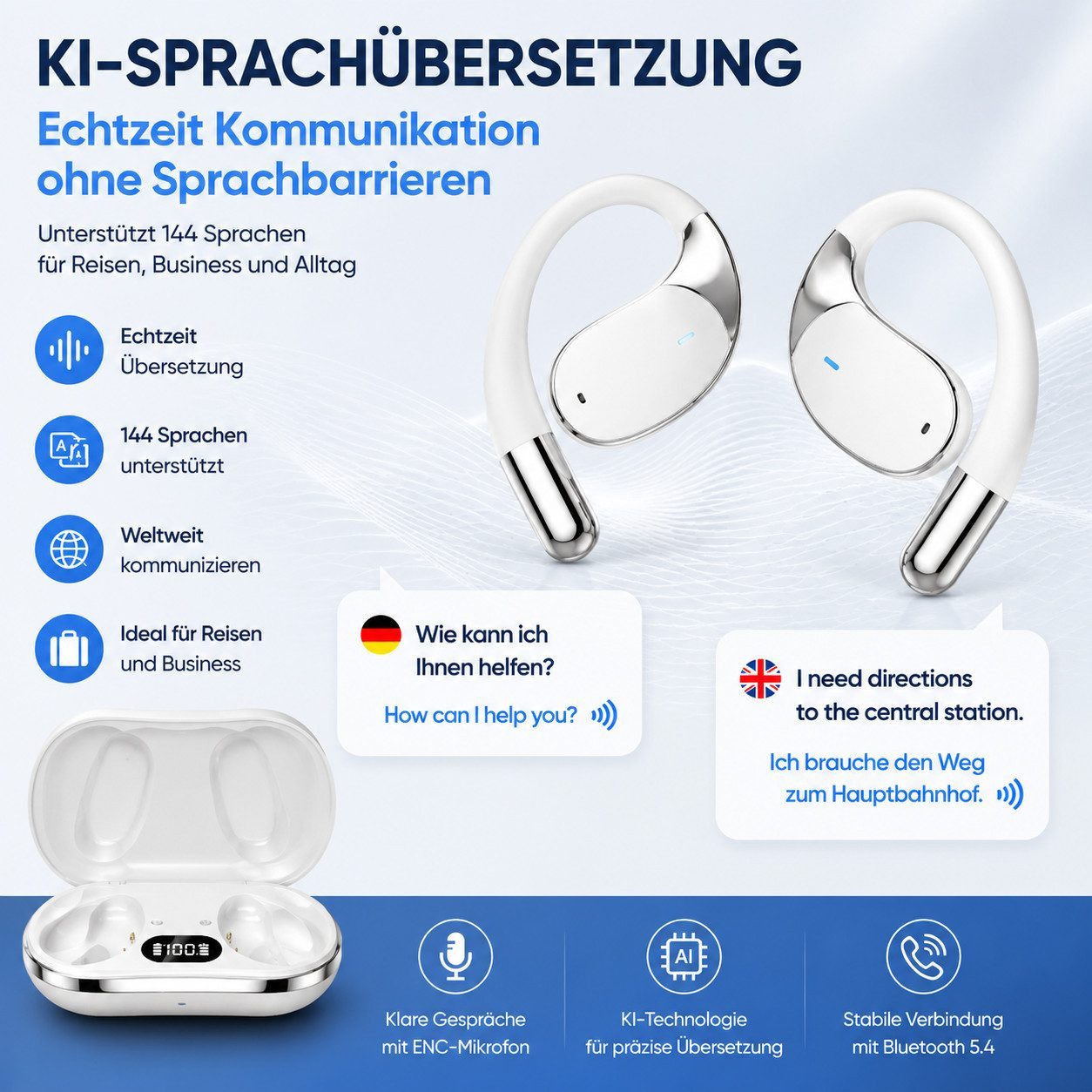 Fyrove KI-Übersetzer Bluetooth Kopfhörer mit Ohrbügel Open-Ear-Kopfhörer (Bluetooth 5.4 Sportkopfhörer, ENC Mikrofon, 3-in-1 für Übersetzen, Telefonieren & Musi – Bild 2 von 5