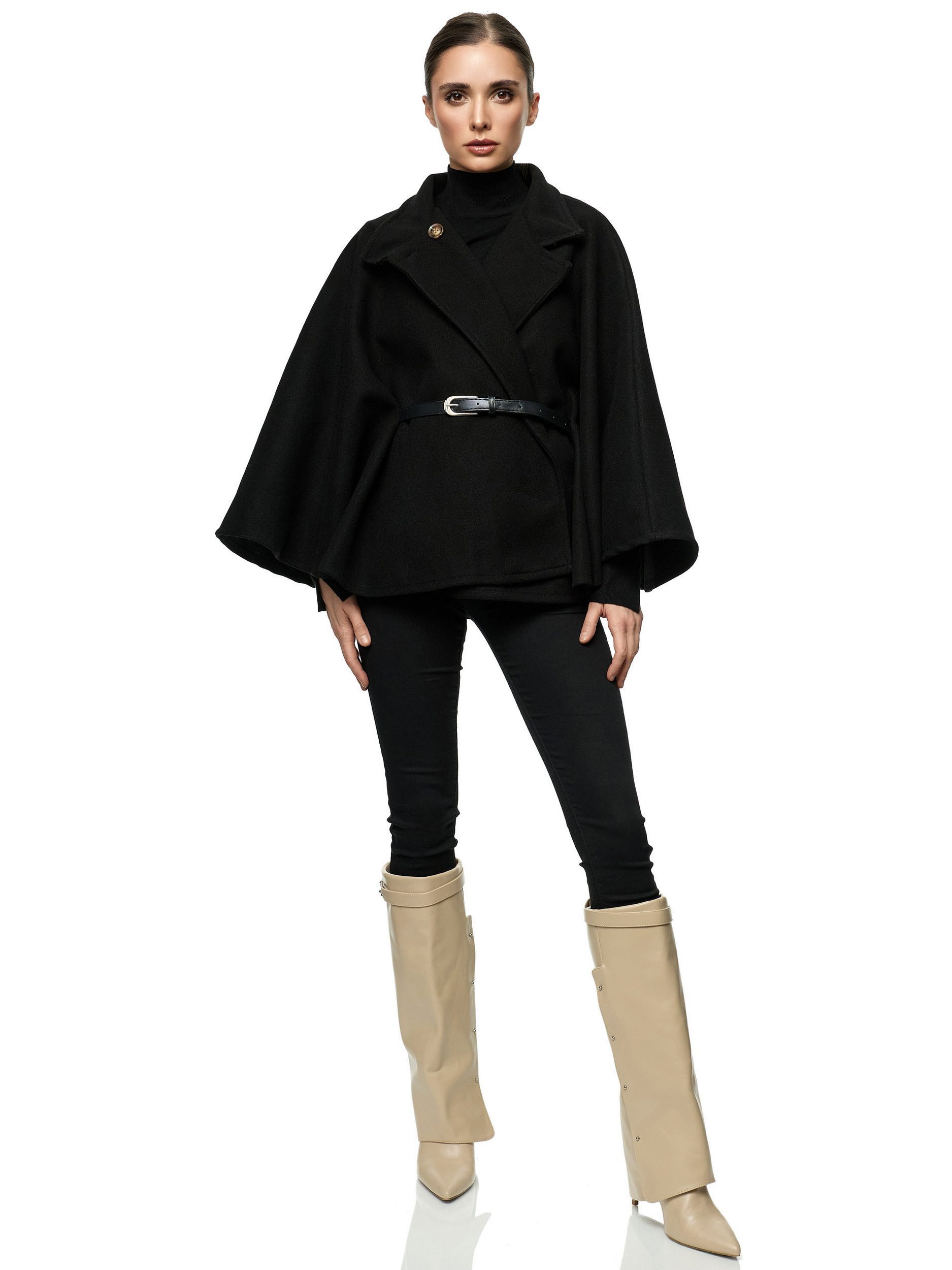 Worldclassca Poncho Worldclassca Poncho Crop Jacke Elegant Umhang Stehkragen mit Gürtel Neue Kollektion - Stilvolle und gemütliche Mode für Damen