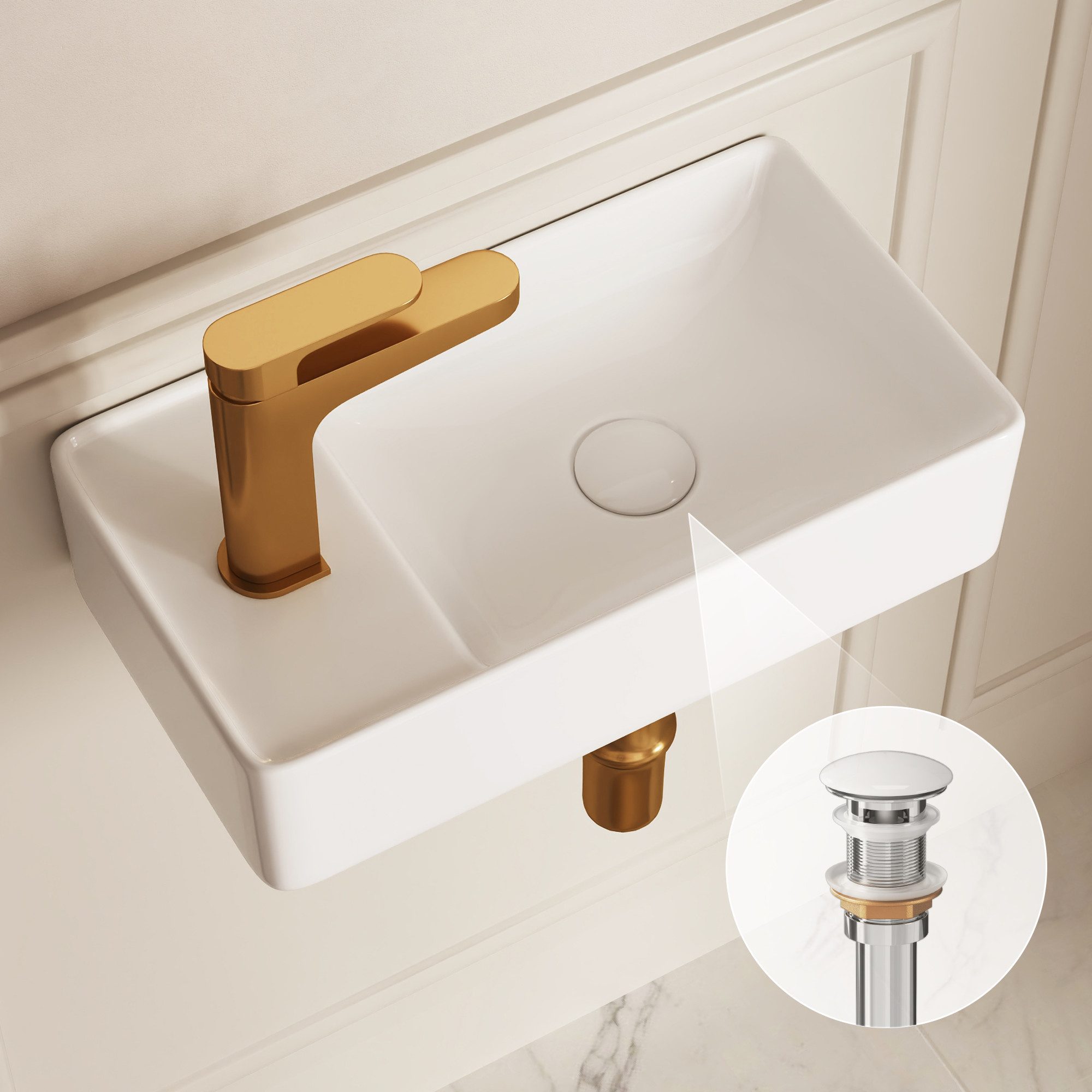 DeerValley Waschbecken Kleines Waschbecken für Gäste-WC zur Wandmontage (Set, Mit Waschbecken und Ablaufgarnitur, ohne Wasserhahn)