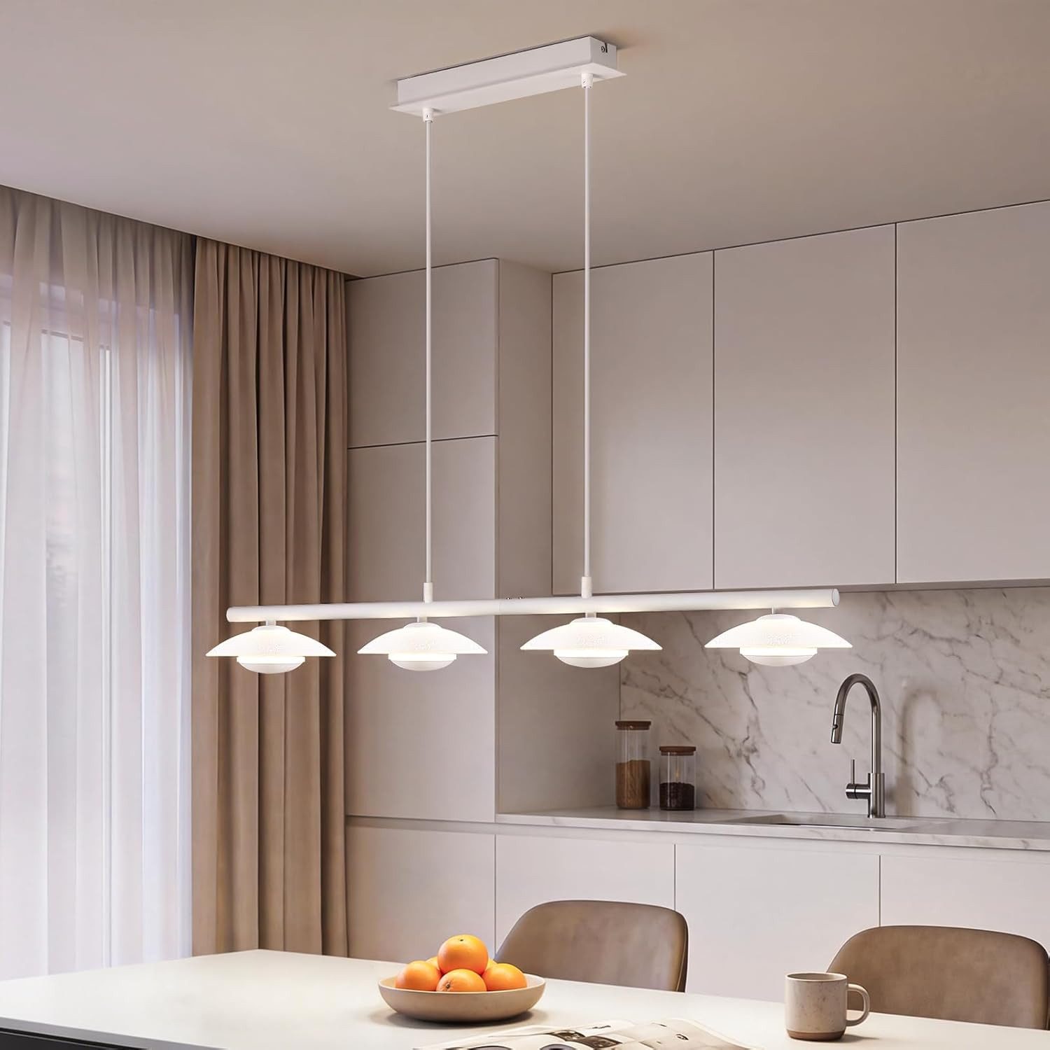 BlingBin LED Pendelleuchte Esstisch Hängelampe 3 Flammig mit Glas, elegante Sandweiß 17W, Eckig-4Flammig, LED fest integriert, Höhenverstellbar Pendelleuchte- f – Bild 5 von 5