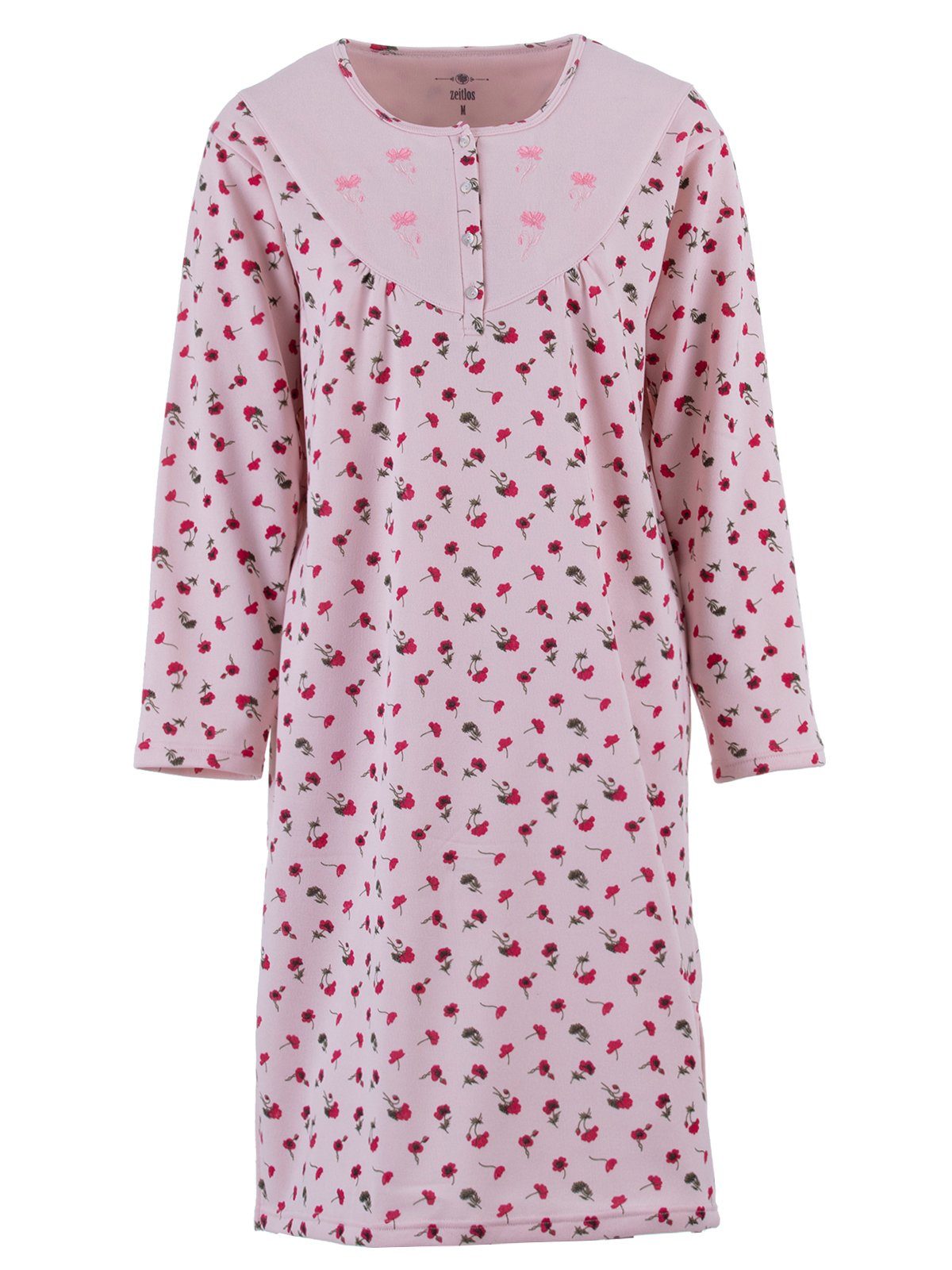 zeitlos Nachthemd Thermo Nachthemd - Mohnblumendruck Stickblume rosa