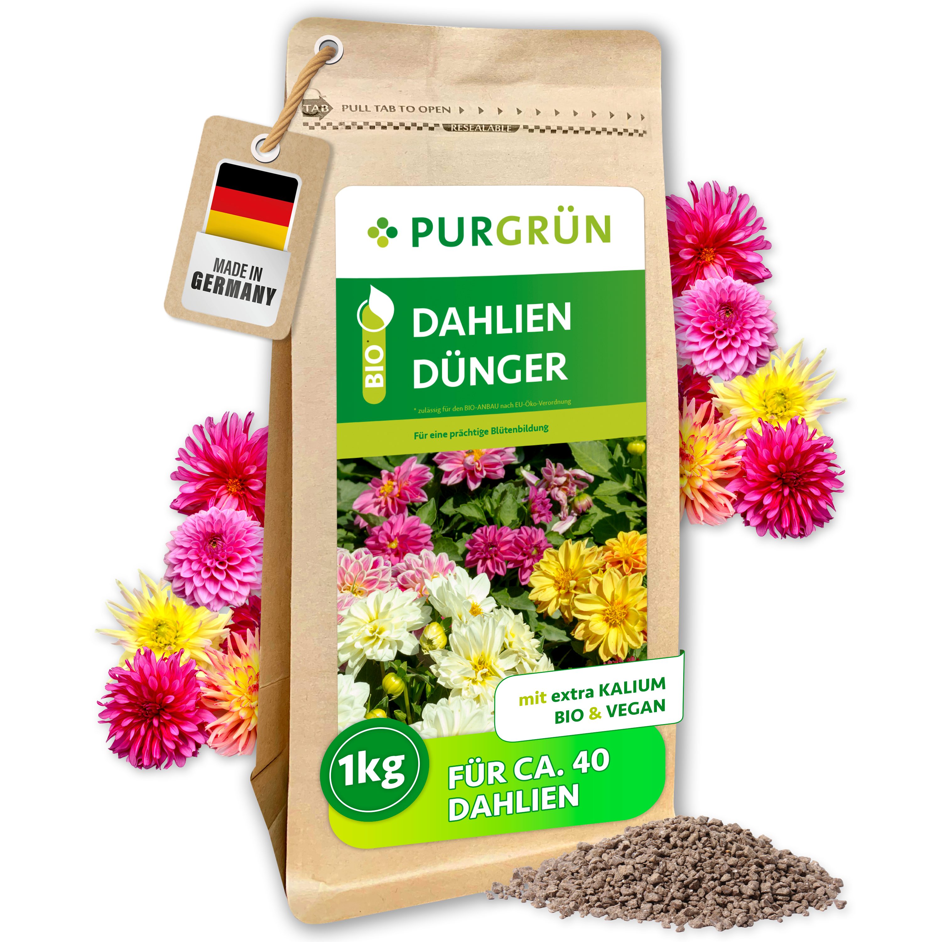 Purgrün Blumendünger Bio Dahlien Dünger, NPK 6+2+7, Magnesium, Kalium, Vegan, 1 kg, Granulat, 1-St., 1 kg