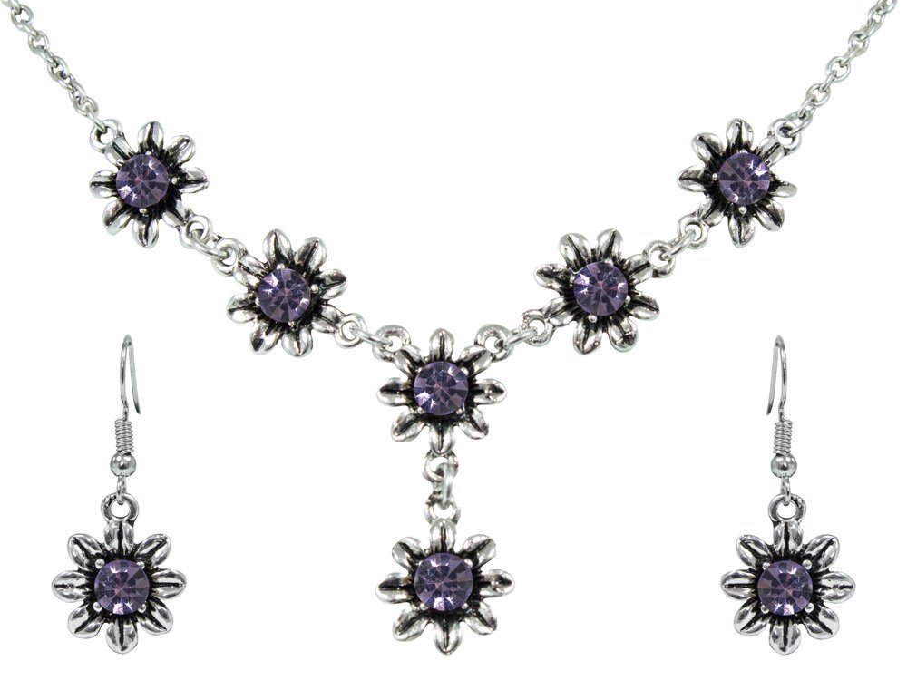 Trachtenland Kette mit Anhänger Blumen Collier mit Ohrhängern - Lila