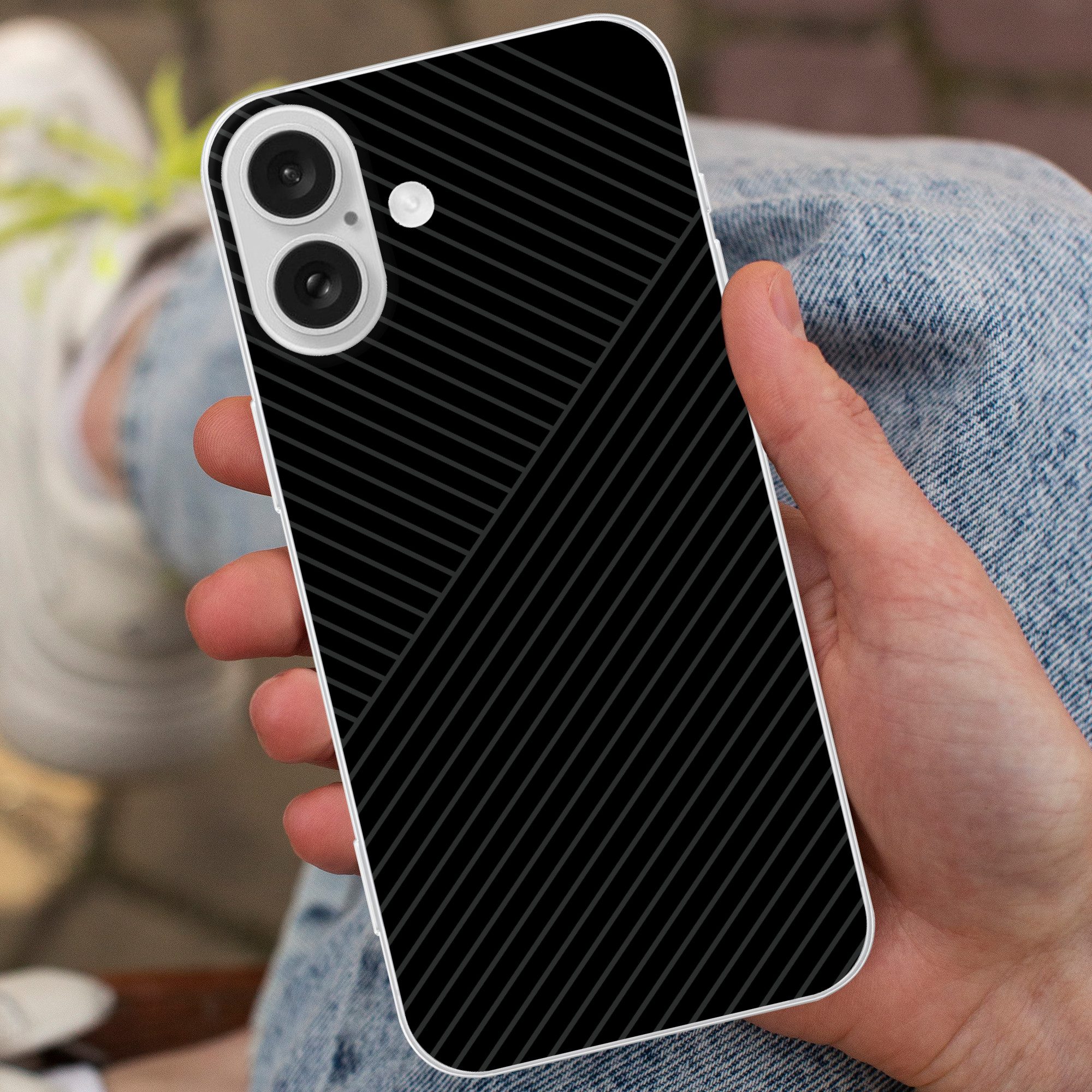 MuchoWow Handyhülle für Apple iPhone 16 Linien - Abstrakt - Schwarz - Grau - Minimalistisc, Smartphone-Bumper, Print, Handy Schutzhülle Dünn