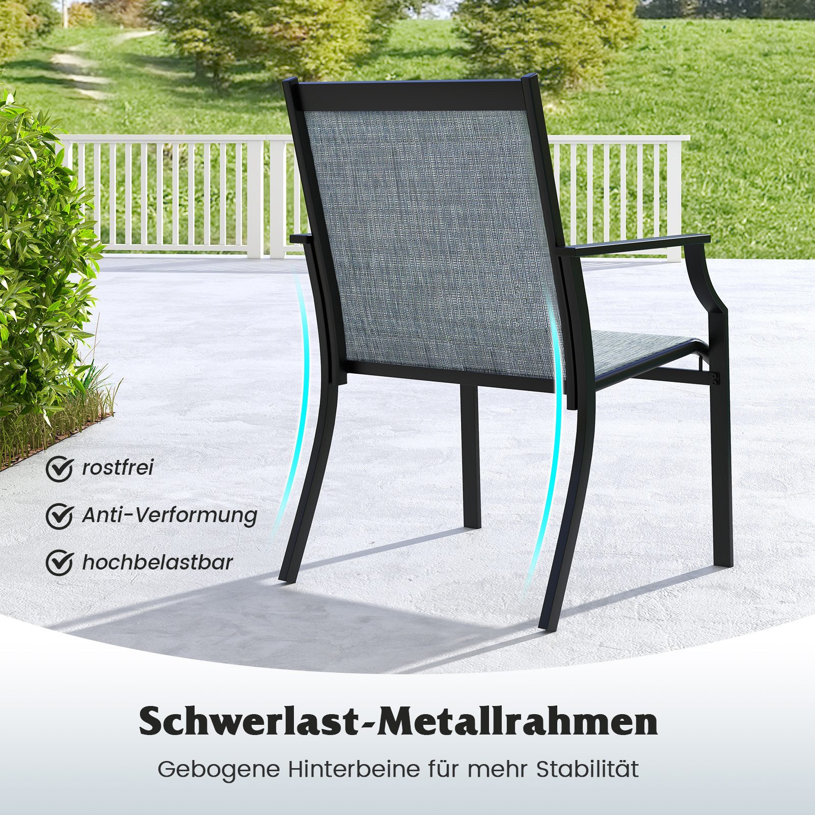 COSTWAY Gartenstuhl (2 St), 50 cm breitere Sitzfläche, mit Armlehne