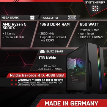 SYSTEMTREFF Gaming-PC (AMD Ryzen 5 5600X, GeForce RTX 4060, 16 GB RAM, 1000 GB SSD, Luftkühlung, Windows 11, WLAN)