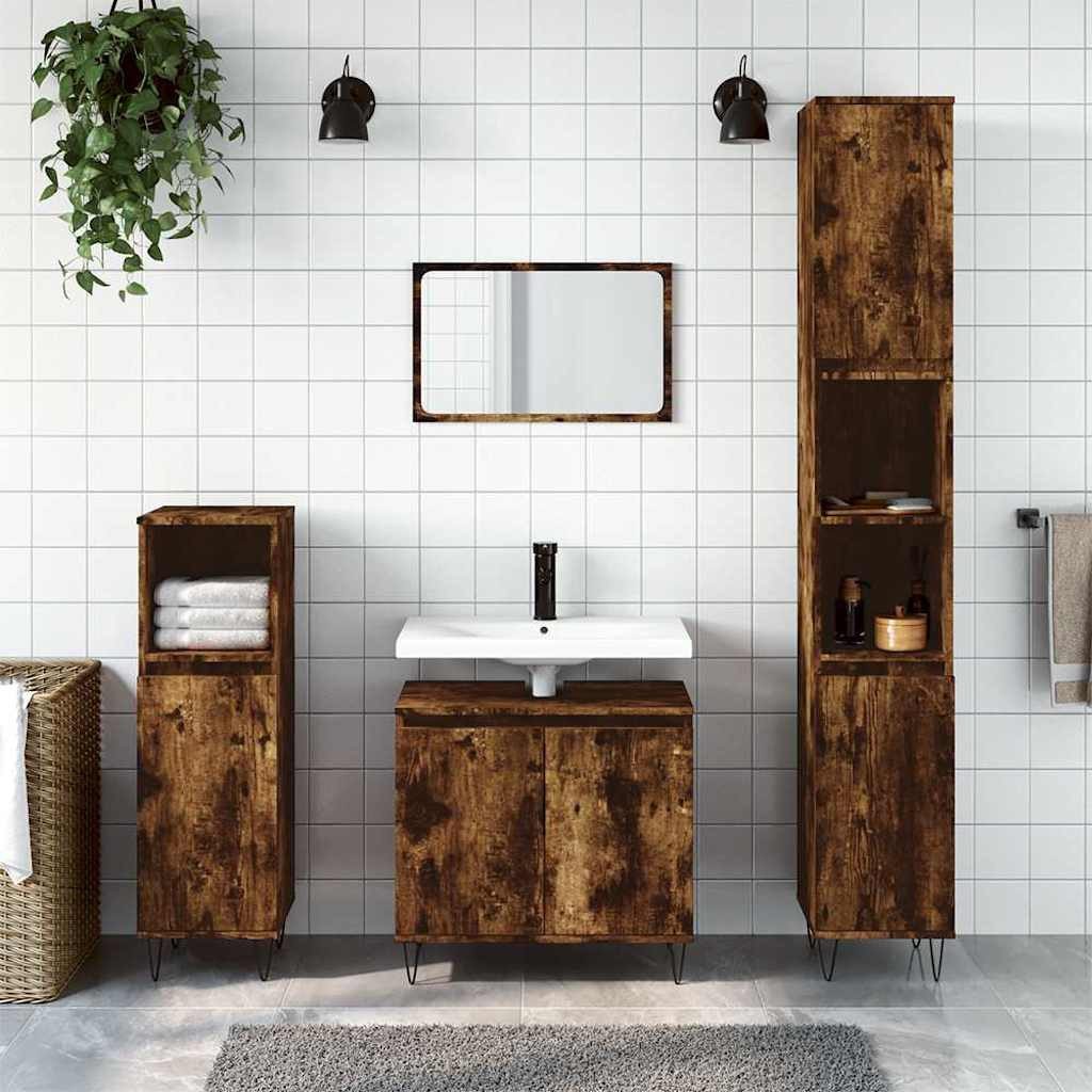 Badkommode Badezimmerschrank 58x33x60 cm in Räuchereiche mit Eisenfüßen
