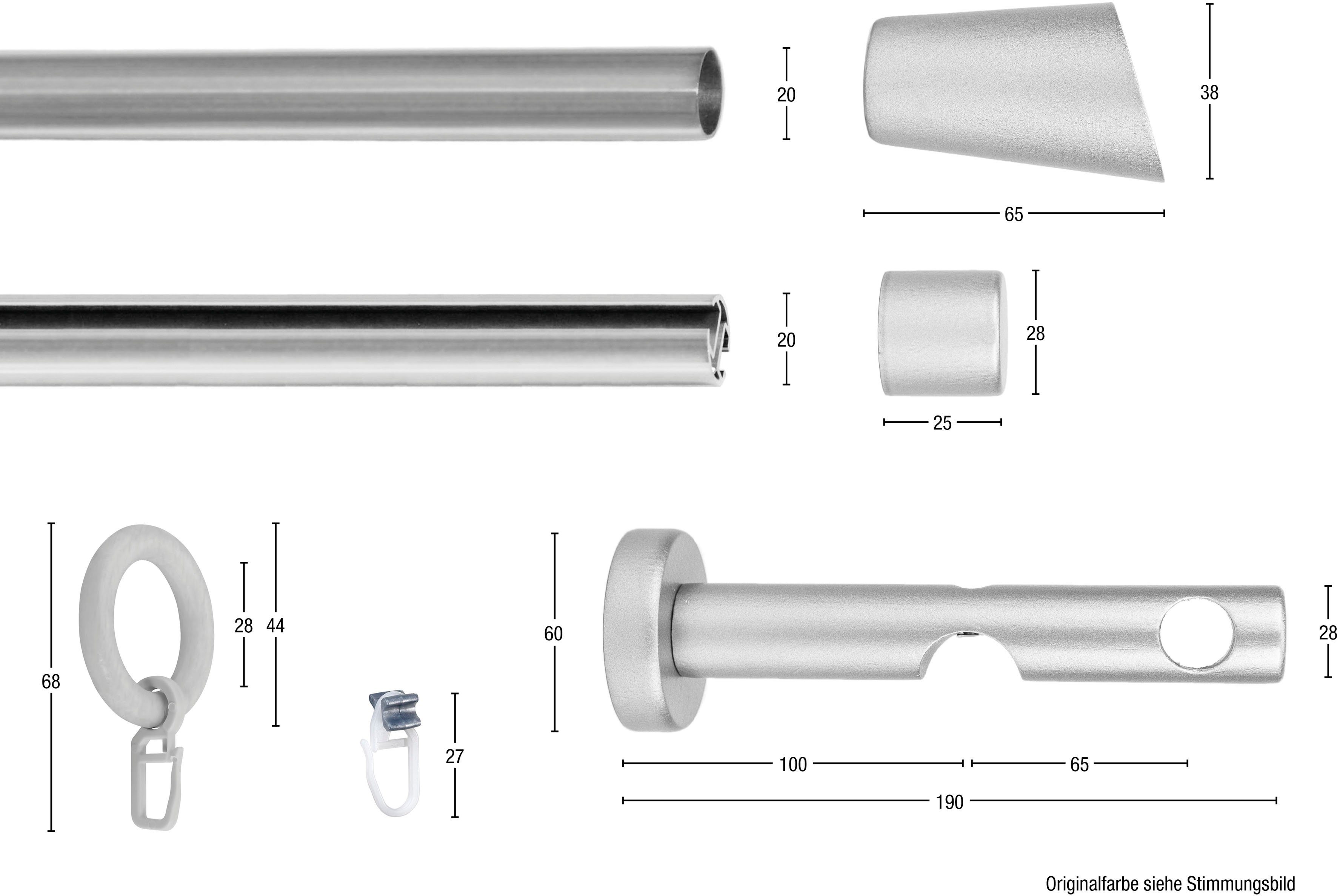 verschraubt, verlängerbar, 2-läufig, Vorhanggarnitur, MOLIS, GARESA, Gleiter mit Ringe/2 mm, 20 Ø Lauf Wandmontage, Wunschmaßlänge, Gardinenstange