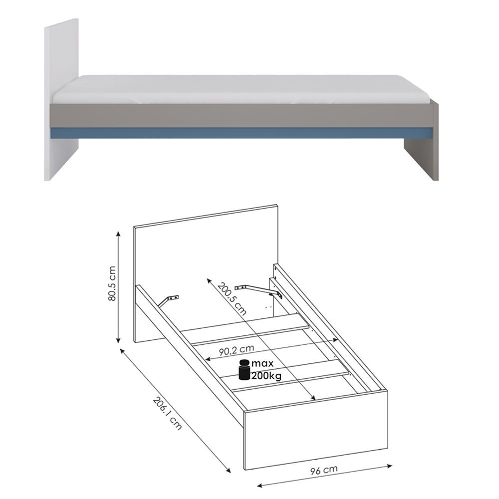 Platin, Alpinweiß, Lomadox Perlschwarz, 90x200 LIIVA-129, Jugendzimmer-Set Grau Himmelblau, (Sparset, cm 3-tlg), Liegefläche