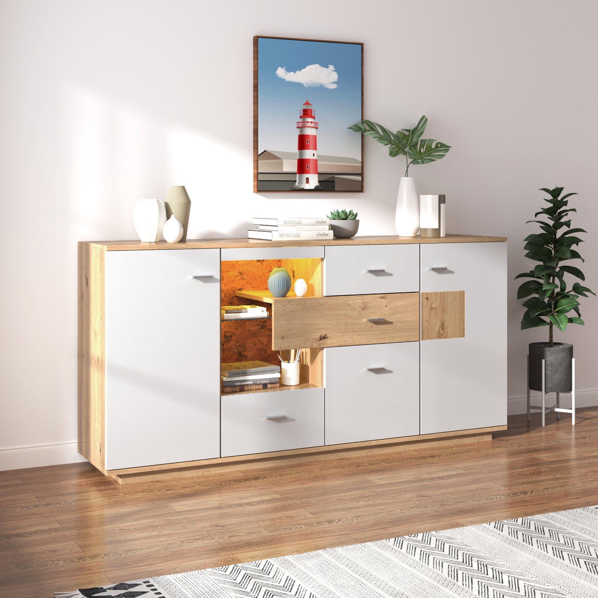 Odikalo TV-Schrank Sideboard Schrank LED 2 Türen 4 Schubladen, Glasablage, Kommode Weiß