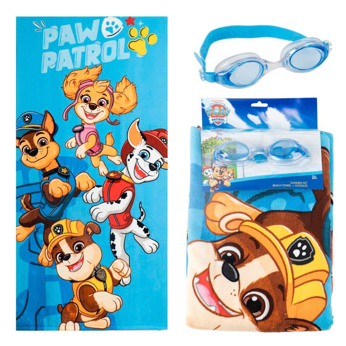 PAW PATROL Strandtuch Kinder Set mit und Schwimmbrille für Schwimmbad und Urlaub