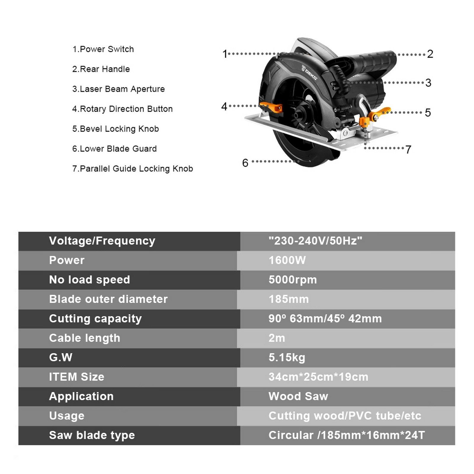 DEKO Handkreissäge DKT-DKCS1600, DEKO - mit 1600-W-Motor Einsatzmöglichkeiten Laser, einstellbare und 5000-U/min., Handkreissäge vielseitige