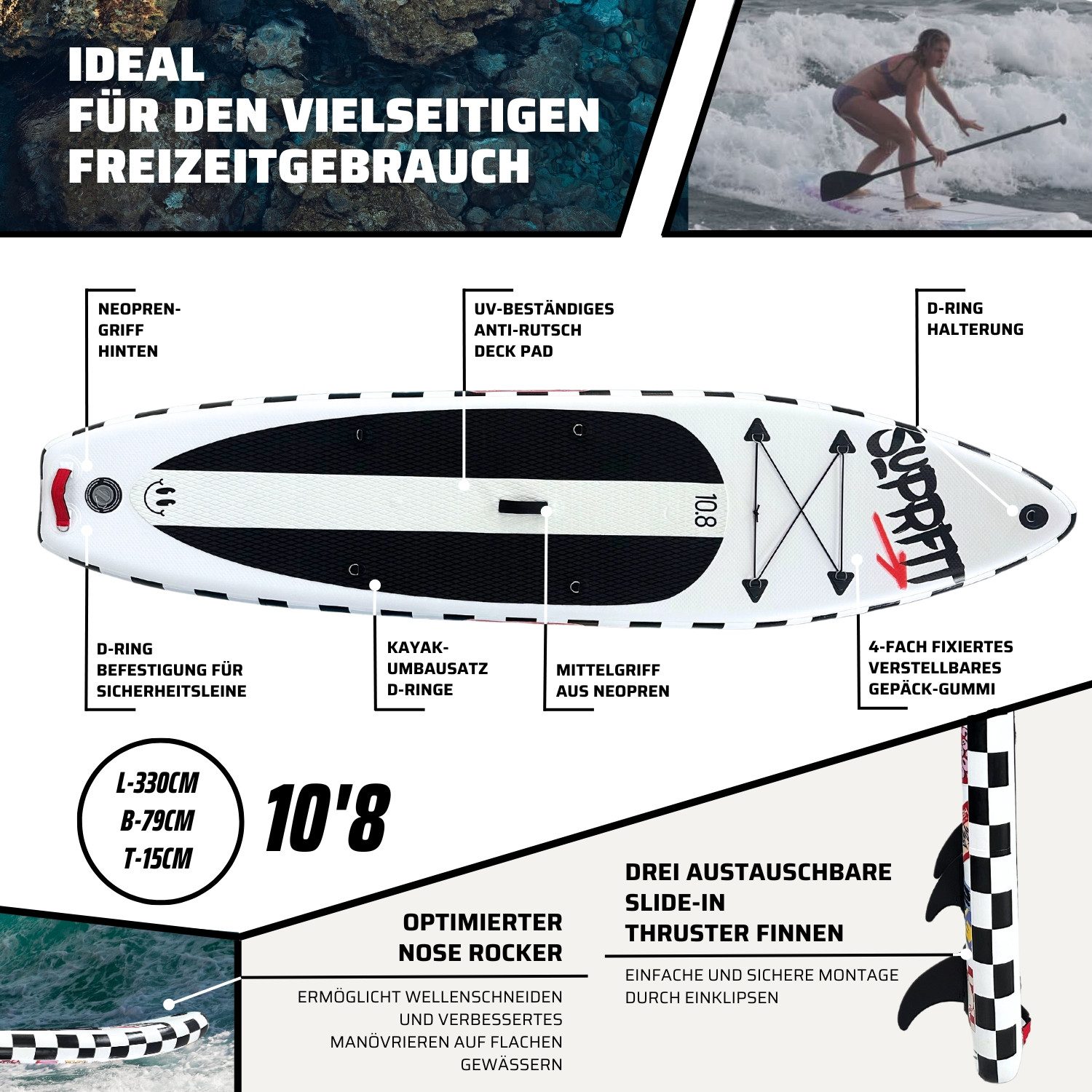 SF SUPRFIT Inflatable SUP-Board Stand-Up Paddling Board Funny Stickers – White, Touring, All in one, Anti-Rutsch Deckpad, belastbares und langlebiges Material