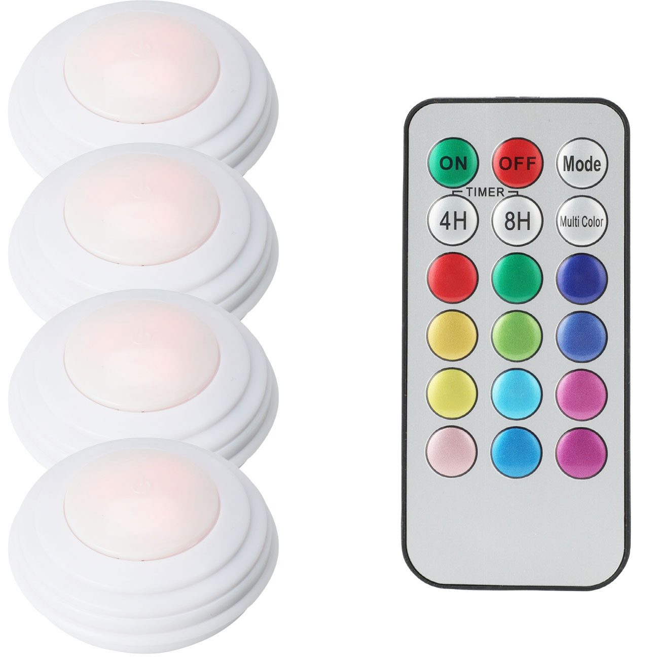 H&S Collection Unterschrankleuchte LED-Lampen 4er-Set in 12 Farben Farbwechsel-Push-Lichter Fernbedienung, LED fest integriert, Wireless LED-Push-Lichter 4er-Set mit 12 Farben & Fernbedienung