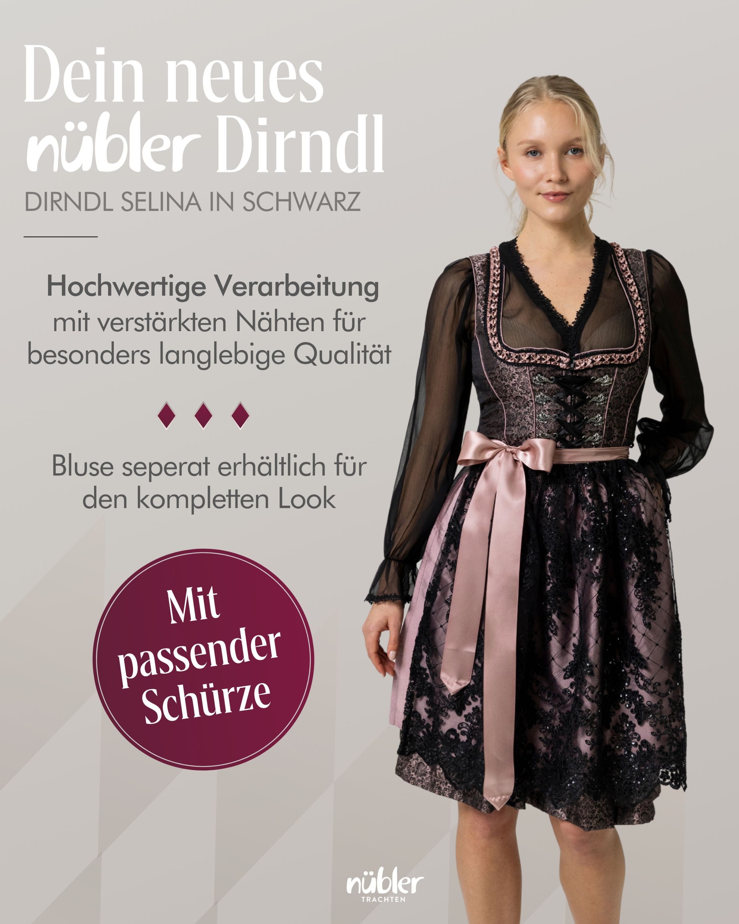 Nübler Trachtenkleid Dirndl midi Selina in Schwarz von Nübler - Rocklänge 60 cm – Bild 4 von 5