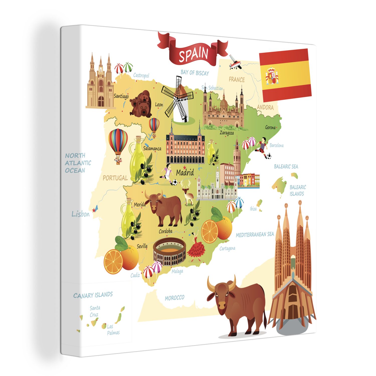 St), OneMillionCanvasses® Karte Spanien, von Illustrationen der Wohnzimmer (1 für Leinwand Schlafzimmer Bilder Leinwandbild auf