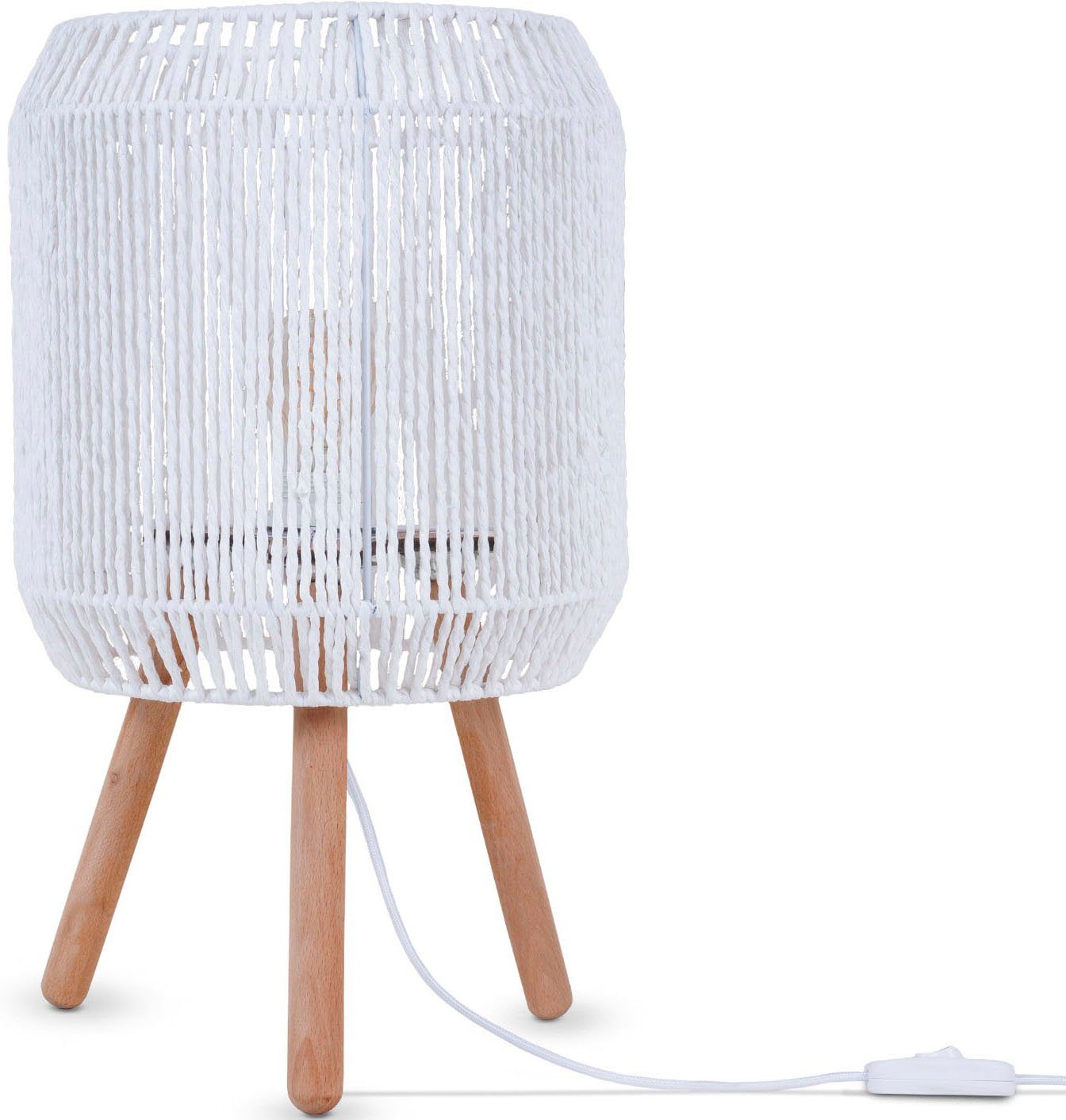 Paco Home Tischleuchte SOL, ohne Leuchtmittel, Boho Deko Lampenschirm Korb Holz E27 weiß