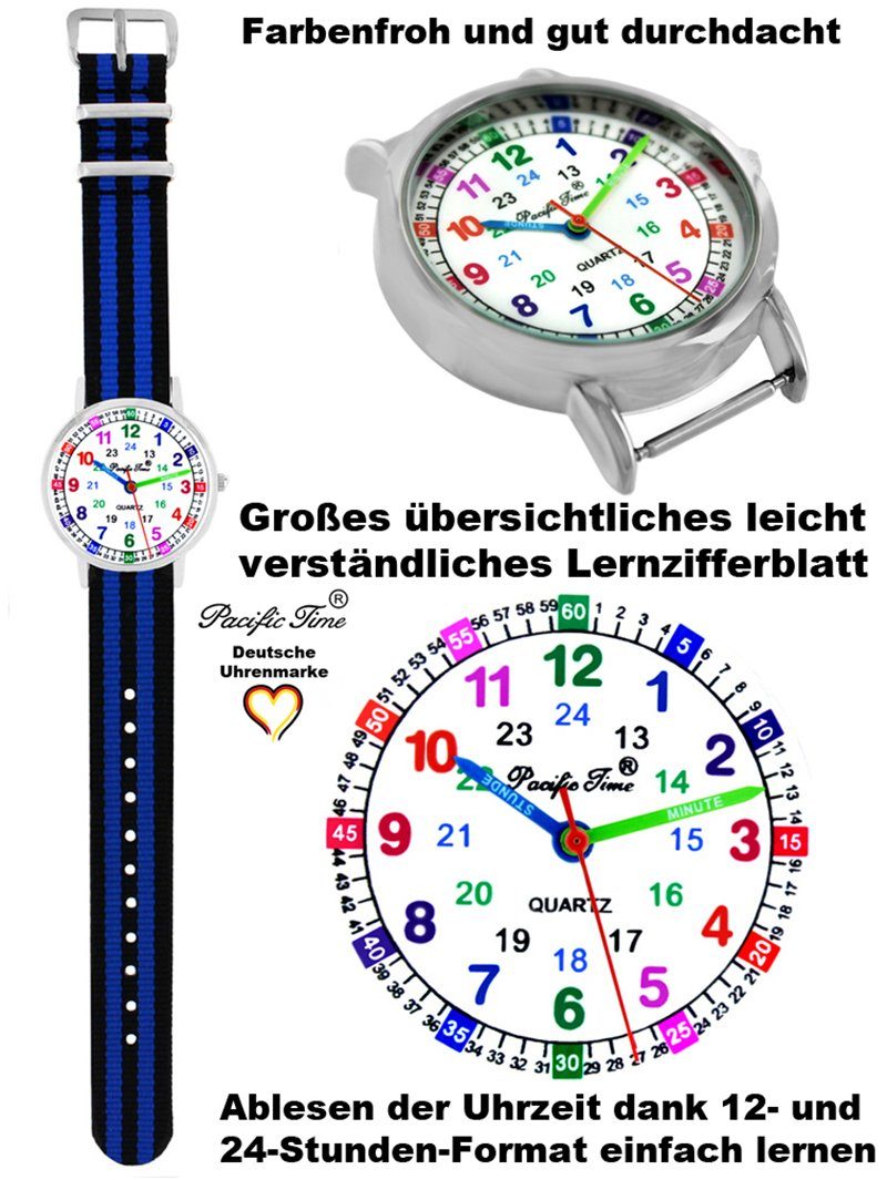 Lernuhr Wechselarmband, schwarz und Time Versand blau und Mix Pacific Match Armbanduhr gestreift blau Kinder Set - Quarzuhr Reflektor Gratis Design