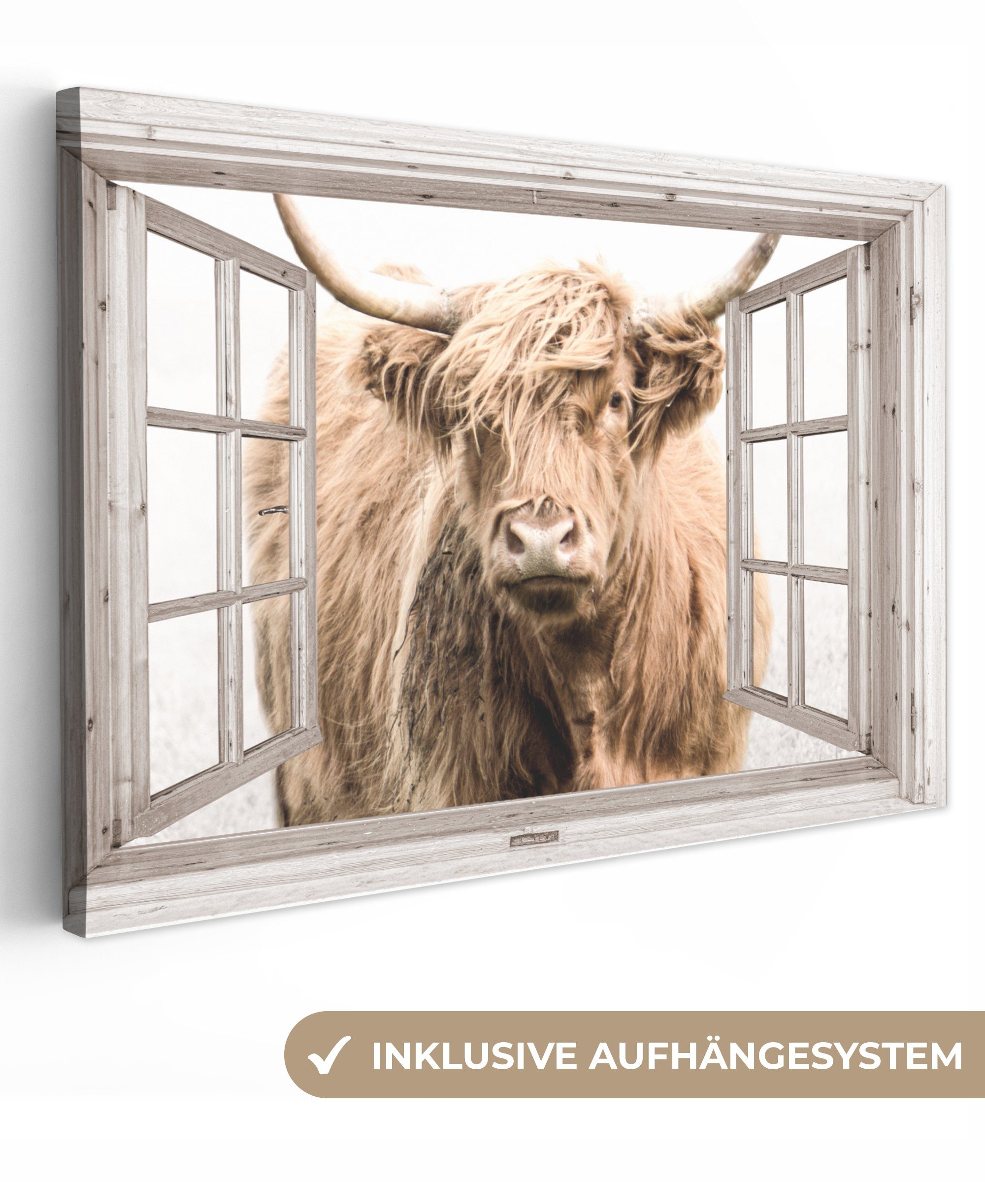 OneMillionCanvasses® Leinwandbild Schottischer Highlander - Fenster - Nebel - Ausblick, (1 St), Wandbild Leinwandbilder, Aufhängefertig, Wanddeko, 30x20 cm