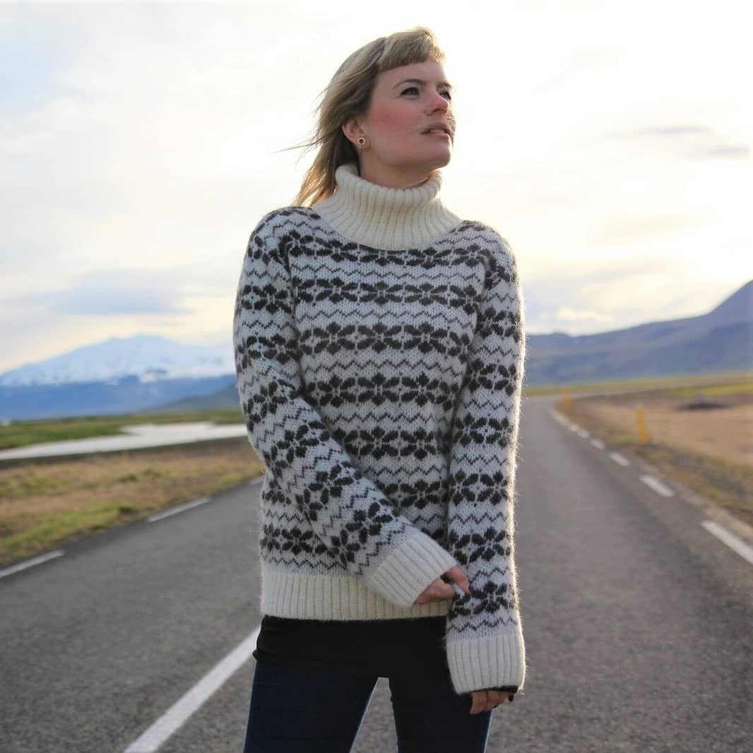 KIDKA Norwegerpullover - Isländischer Rollkragenpullover für Damen / Herren - Farbe weiß - aus rauer isländischer Wolle