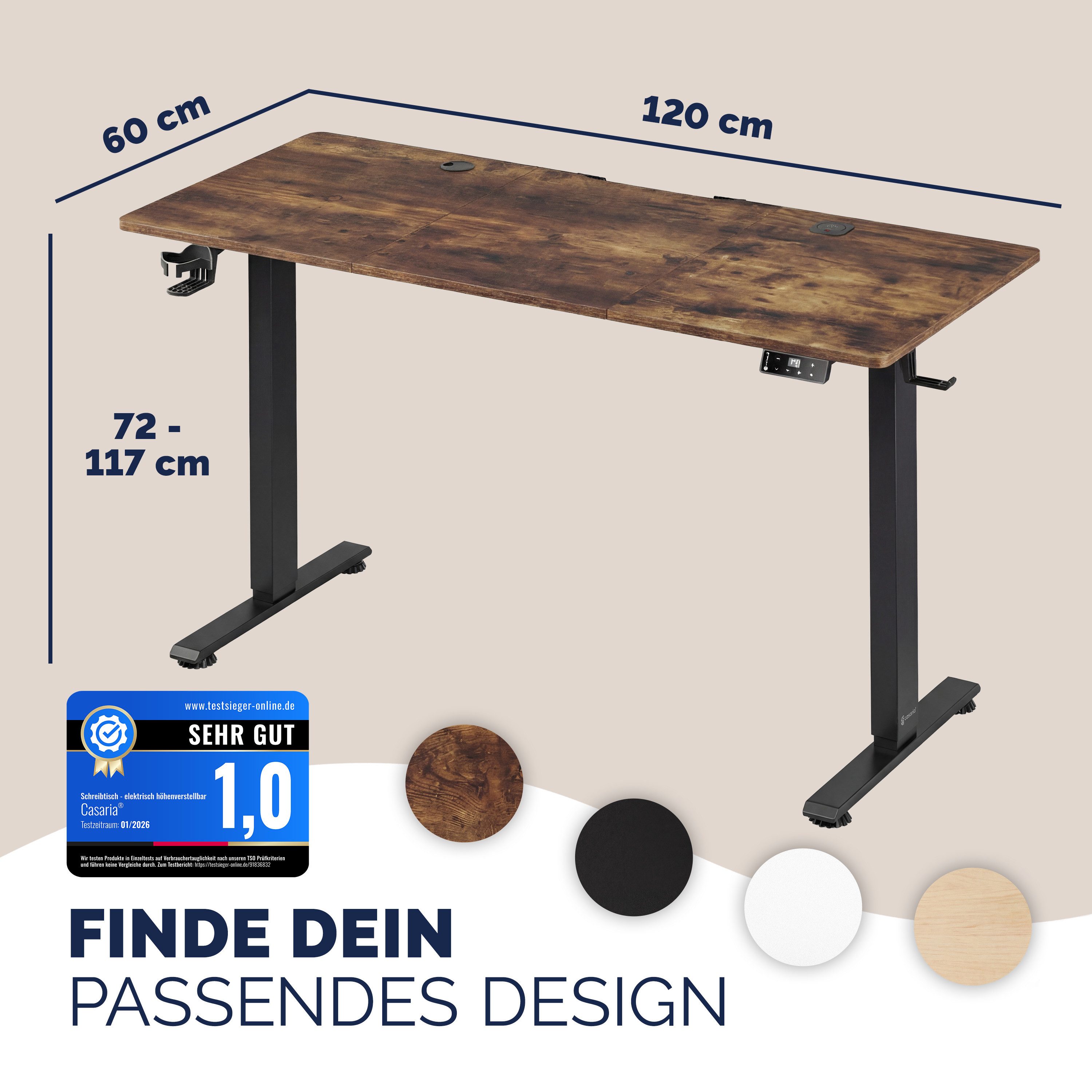 Casaria Schreibtisch Elektrisch höhenverstellbar Memory-Funktion Sitz-/Steherinnerung, Höhenverstellbar elektrisch mit Wireless Charger 120 / 140 / 160 cm