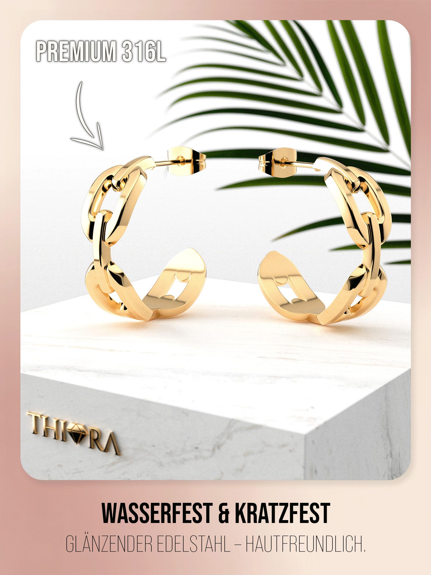 THIORA Paar Creolen Chain Hoops, 316L Edelstahl im Kettenglieder-Design, 24 x 8 mm