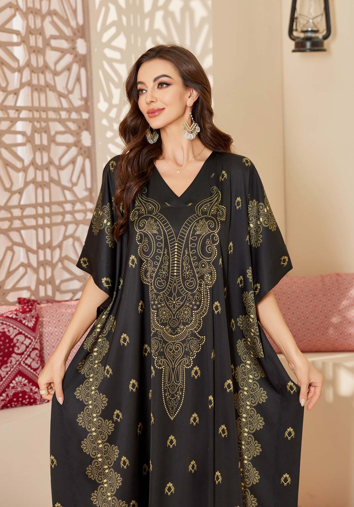 Vivi Idee Morgenmantel Kaftan Kimono Bademantel, Schlafmantel satin Sauna Einheitsgröße, Rund-Kragen/V-Kragen, Bindegürtel, Einheitsgröße, seidig