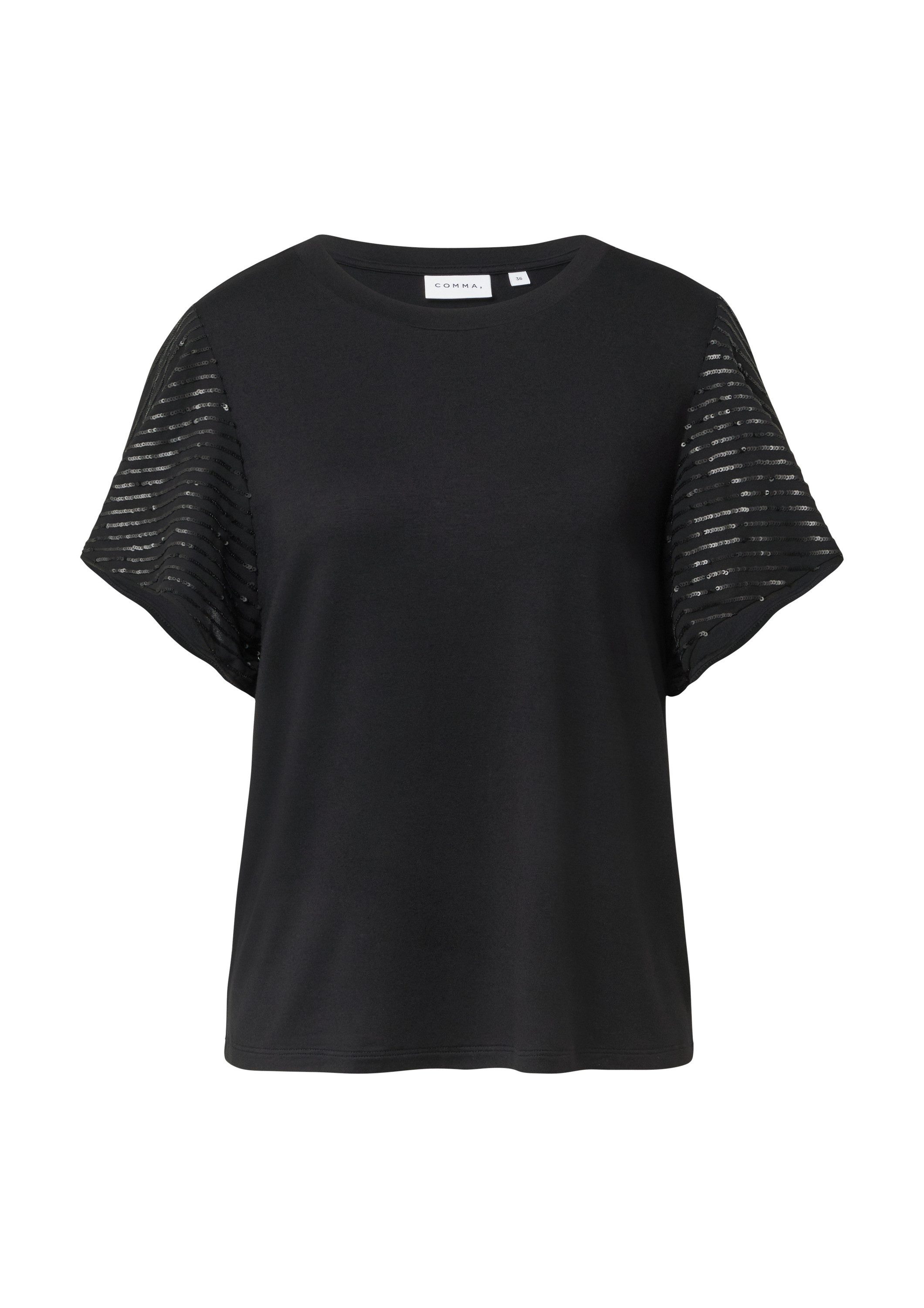 comma Kurzarmshirt T-Shirt T-Shirt mit pailettenbesetzten Volantärmeln