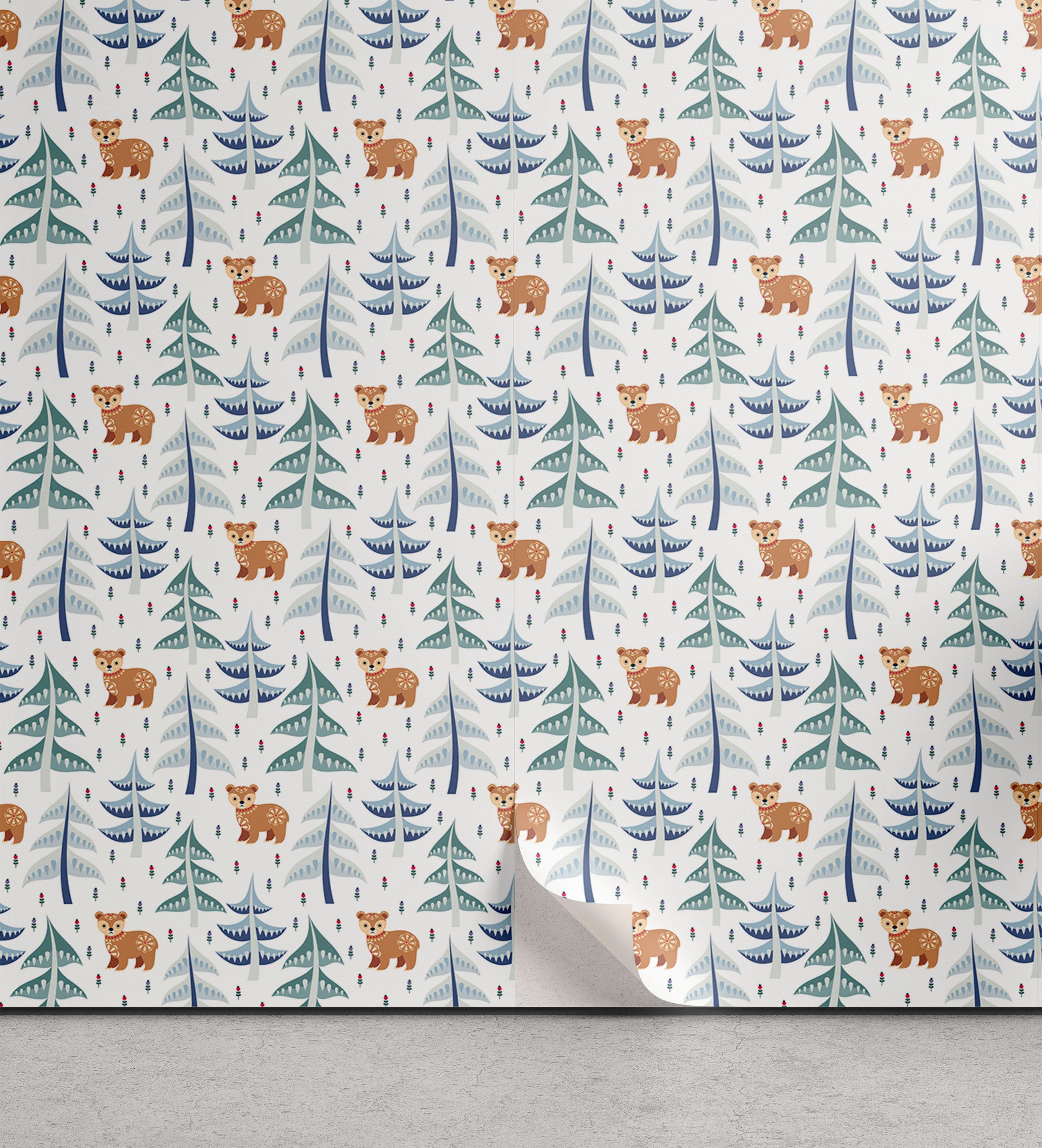 Abakuhaus Vinyltapete selbstklebendes Wohnzimmer Küchenakzent, Rustikal Wald Cartoon Baby-Bär