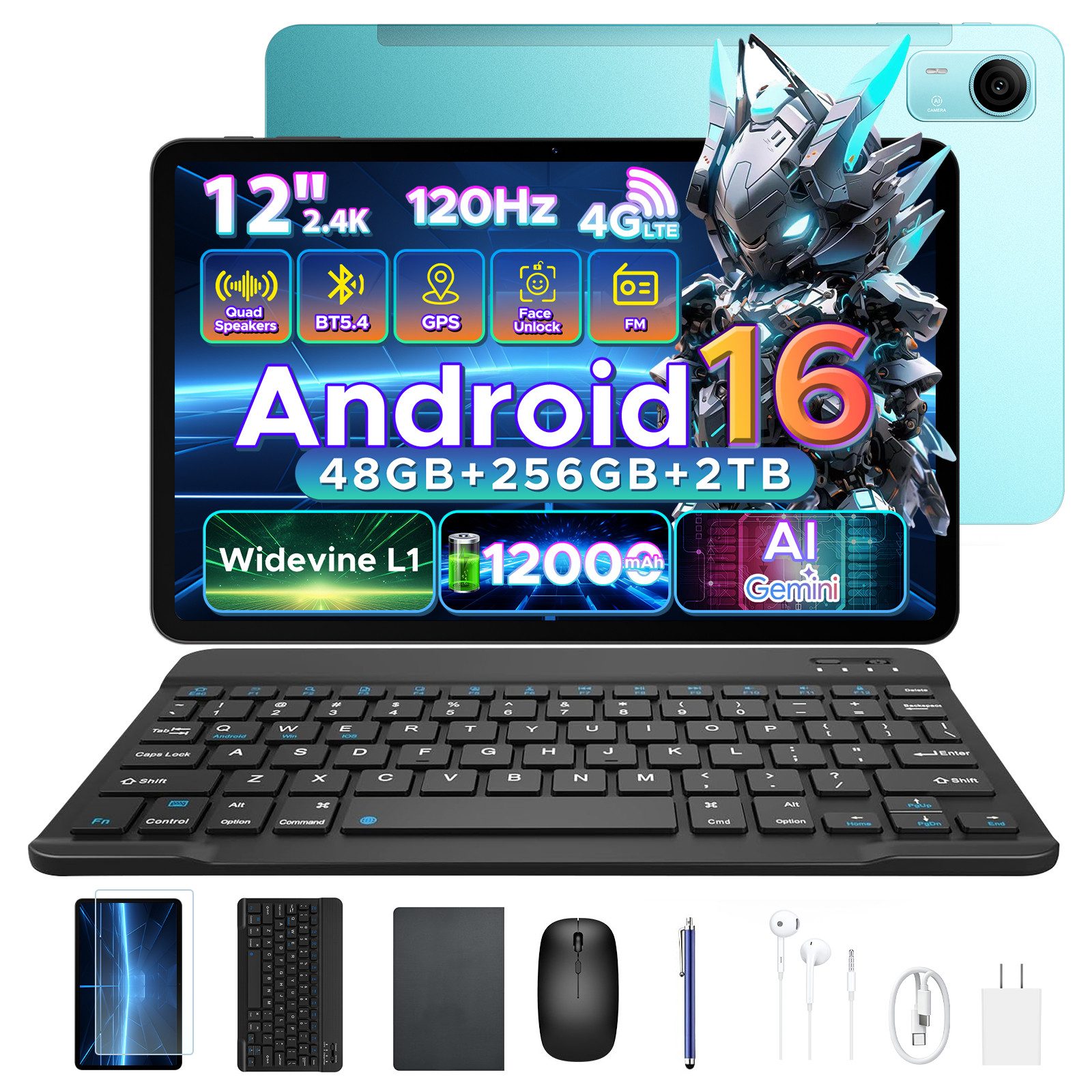 POCKAM P12Pro 12" Android 16 Tablet mit Tastatur, 4G LTE, 12000mAh, 120Hz Tablet (12", Android 16, Wifi, Unisoc T7300 Octa-Core, 13MP+8MP, Face ID, 4G LTE, 12GB+256GB/2TB)