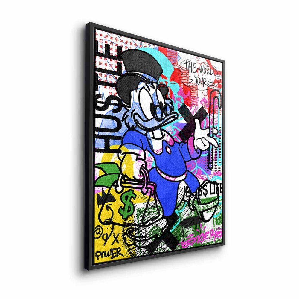 Comic Pop Dagobert Art weißer Rahmen Leinwandbild Geld hustle DOTCOMCANVAS® Leinwandbild, Duck Graffiti