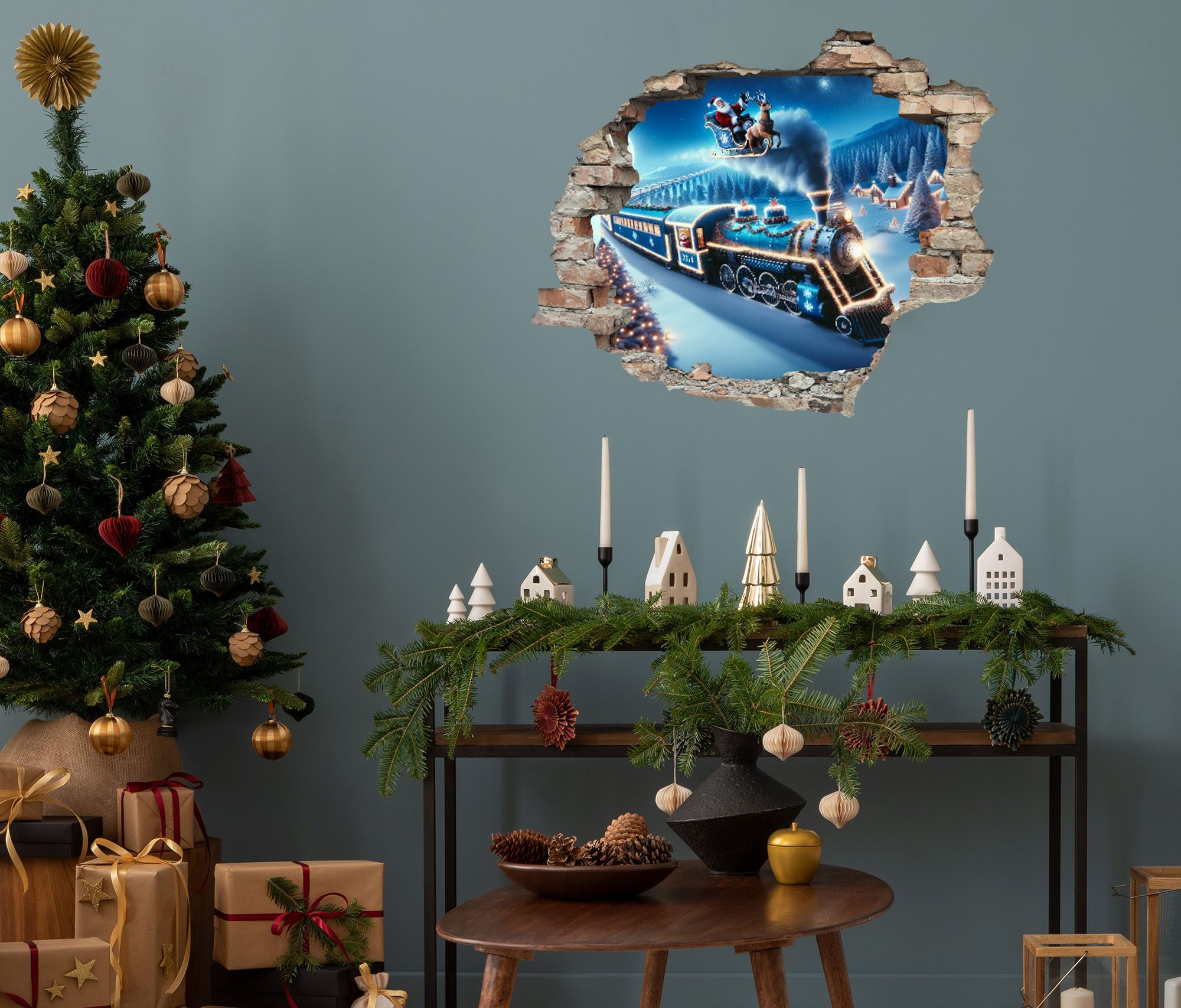 queence 3D-Wandtattoo Lokomotive im Schnee (1 St), selbstklebender Wandsticker Weihnachten