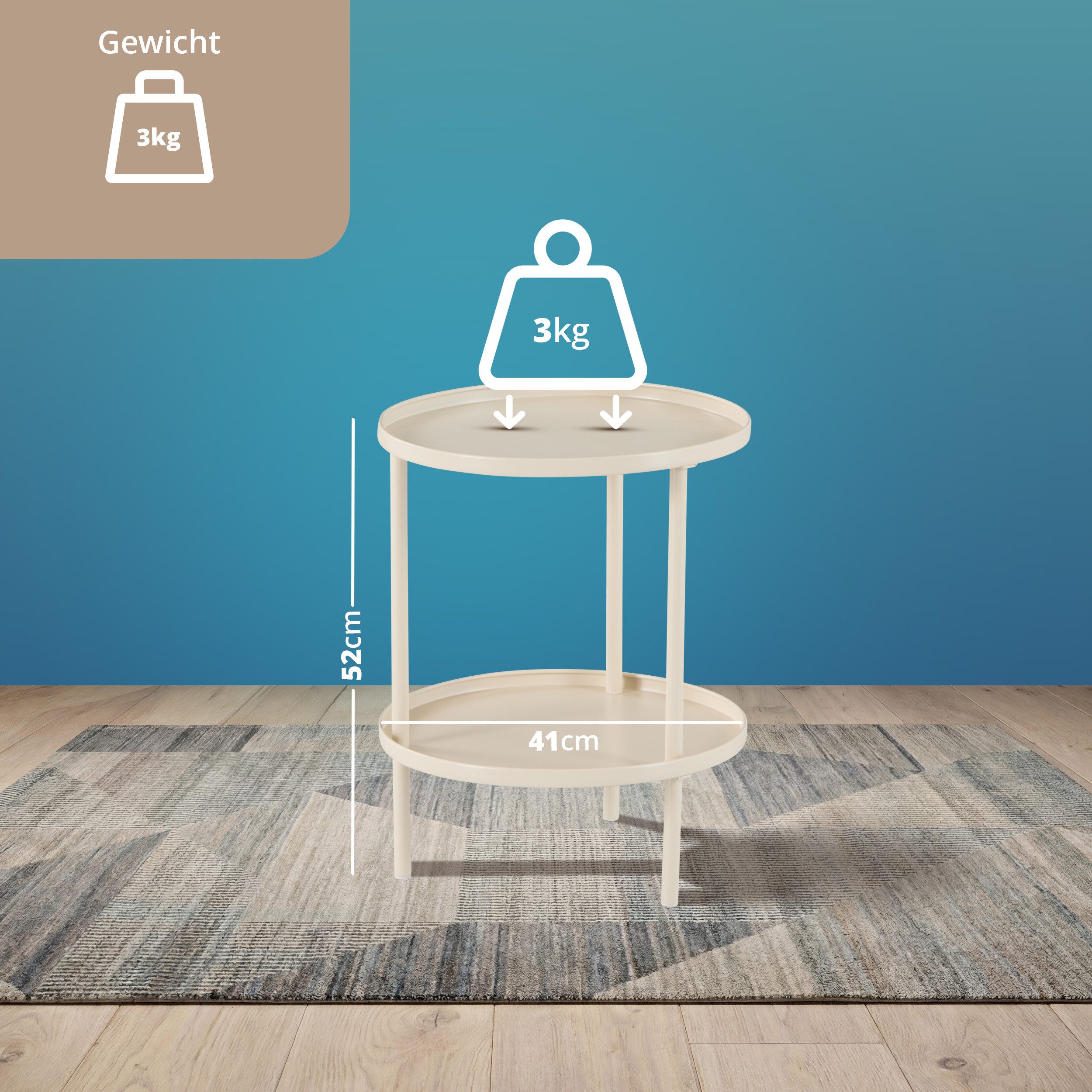 KHG Beistelltisch Rund Beige Ø 41 cm moderner Sofatisch elegant (Dekorative Ablage für Getränke, Bücher oder Wohnaccessoires, platzsparend, modern und vielseiti – Bild 4 von 5