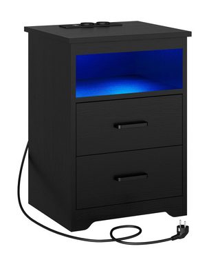MSMASK Nachttisch Sofatisch mit LED-Beleuchtung, Nachtschrank mit Ladestation (1-St), USB-Anschlüssen, 2 Schubladen für Schlafzimmer, Wohnzimmer