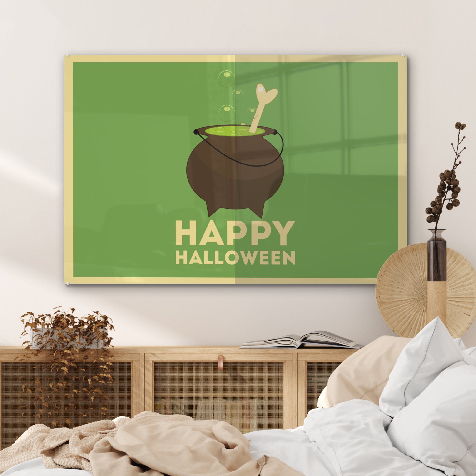 Hexenkessel auf Acrylglasbild MuchoWow und & Happy Acrylglasbilder Halloween" grünem, ein Schlafzimmer Knochen und St), Wohnzimmer (1