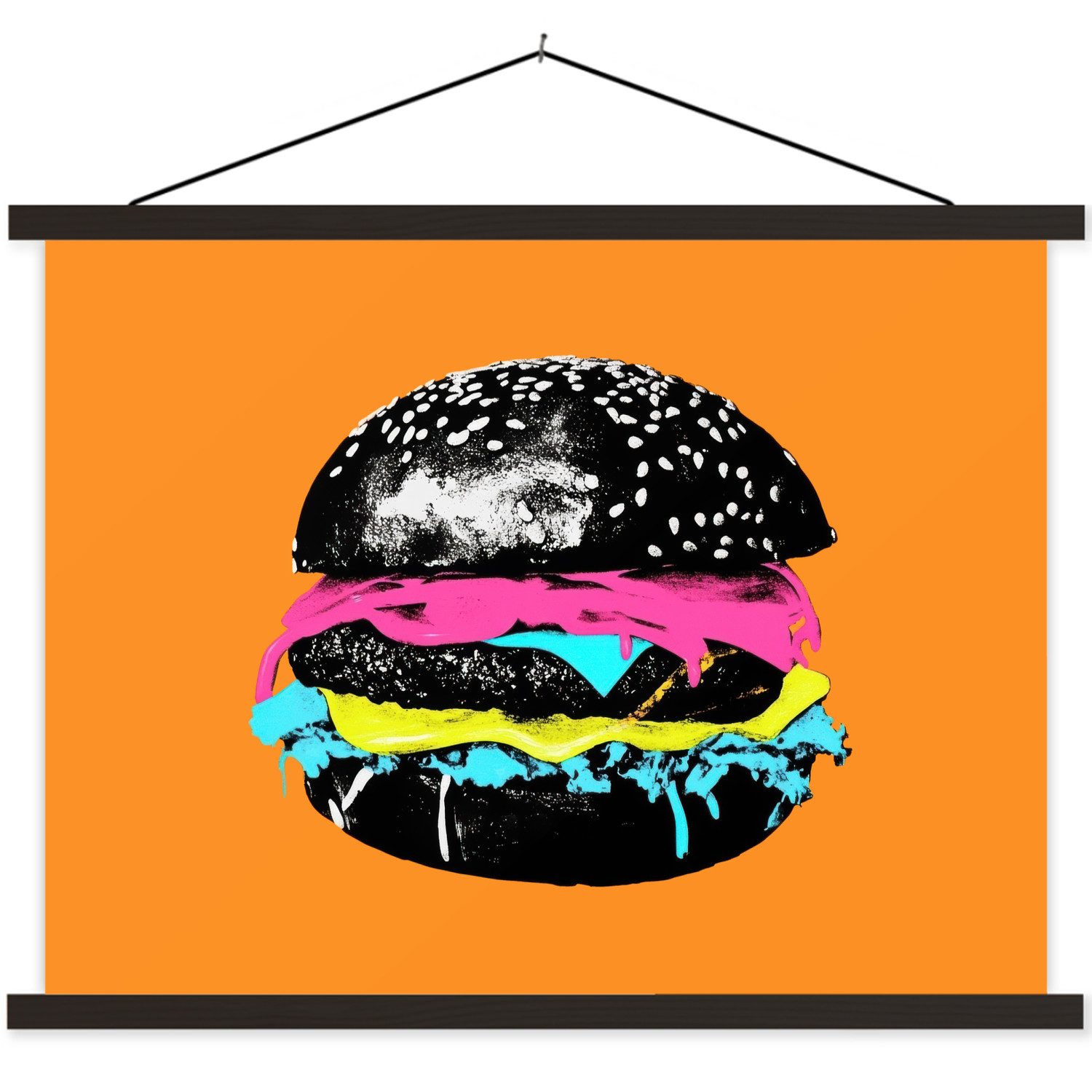 MuchoWow Poster Hamburger - Orange - Neon - Pop-Art, (1 St), Magnetische Posterleiste, Holzleisten, Textilposter, 40x30 cm
