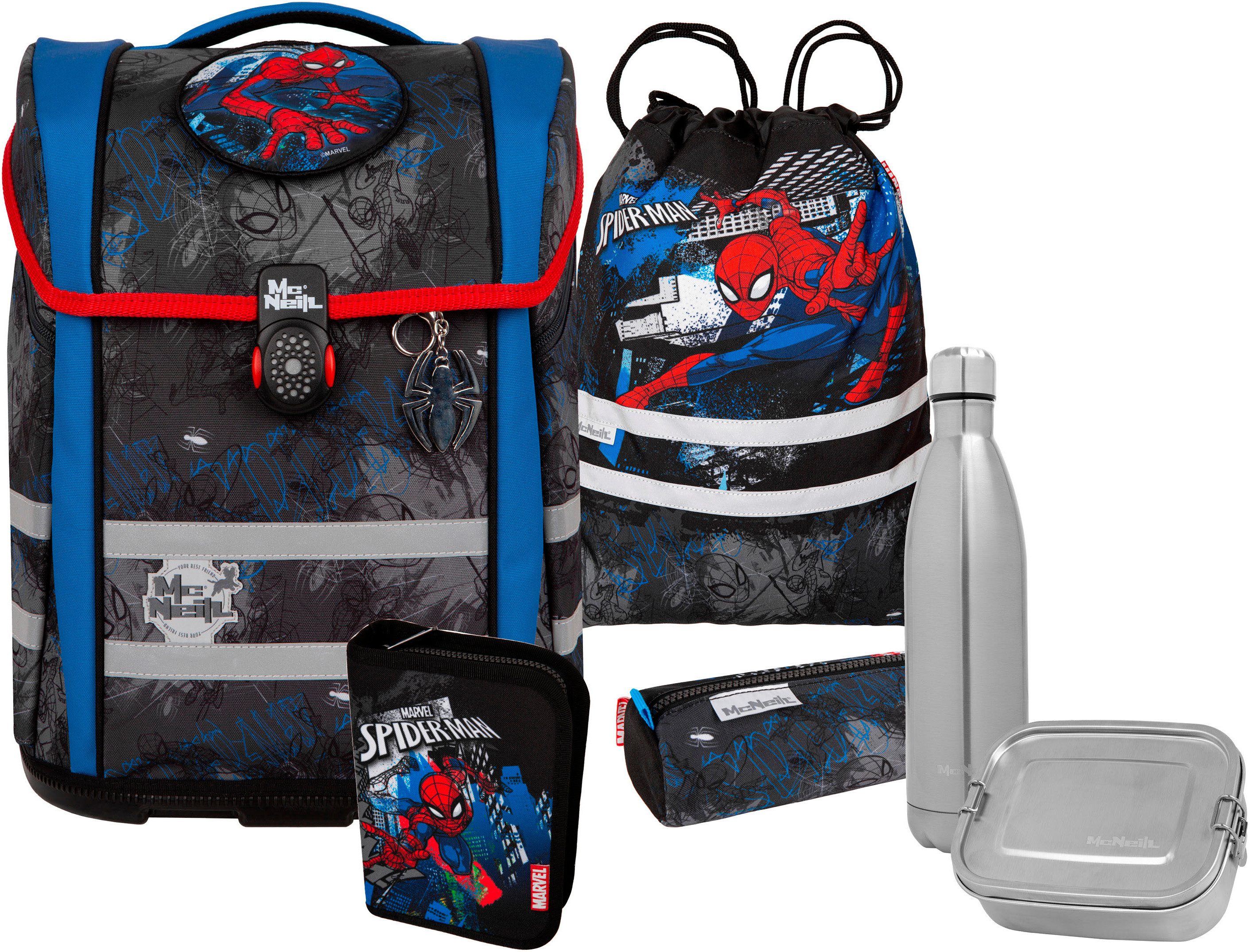 McNeill Schulranzen Perfecto Spider-Man 5tlg. Disney Schulranzen ergonomisch ClickFlex (Spar-Set, Sportbeutel, Magnet & Anhänger, Schlampermappe, Federmappen befüllt), ClickFlex Rückensystem, mitwachsend, ergonomisch