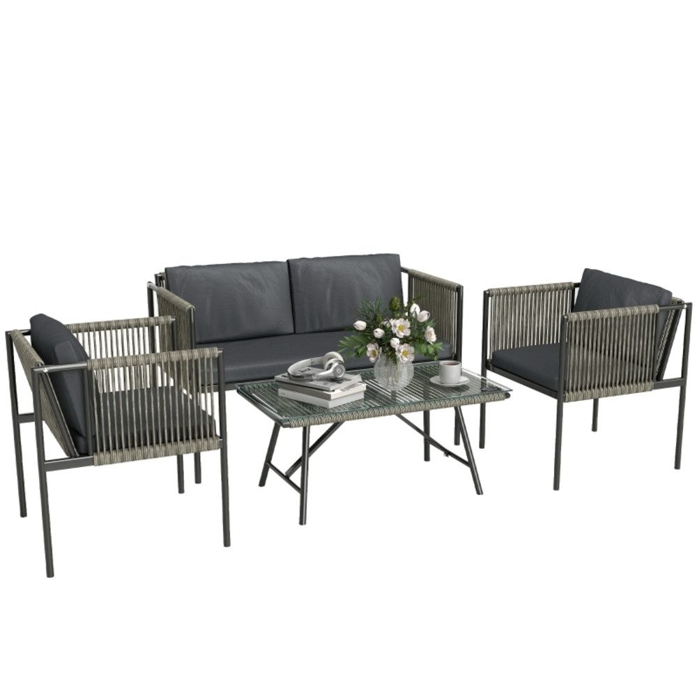 OKWISH Sitzgruppe 4-tlg. 116x65x68 cm aus Rattan in Grau mit Sofa, 2 Sesseln & Glastisch, (Set, 4-tlg., mit weichen Polstern für ein wohnliches Ambiente im Freien), mit Kissen, Stahlrahmen, für Terrasse, Garten & Balkon