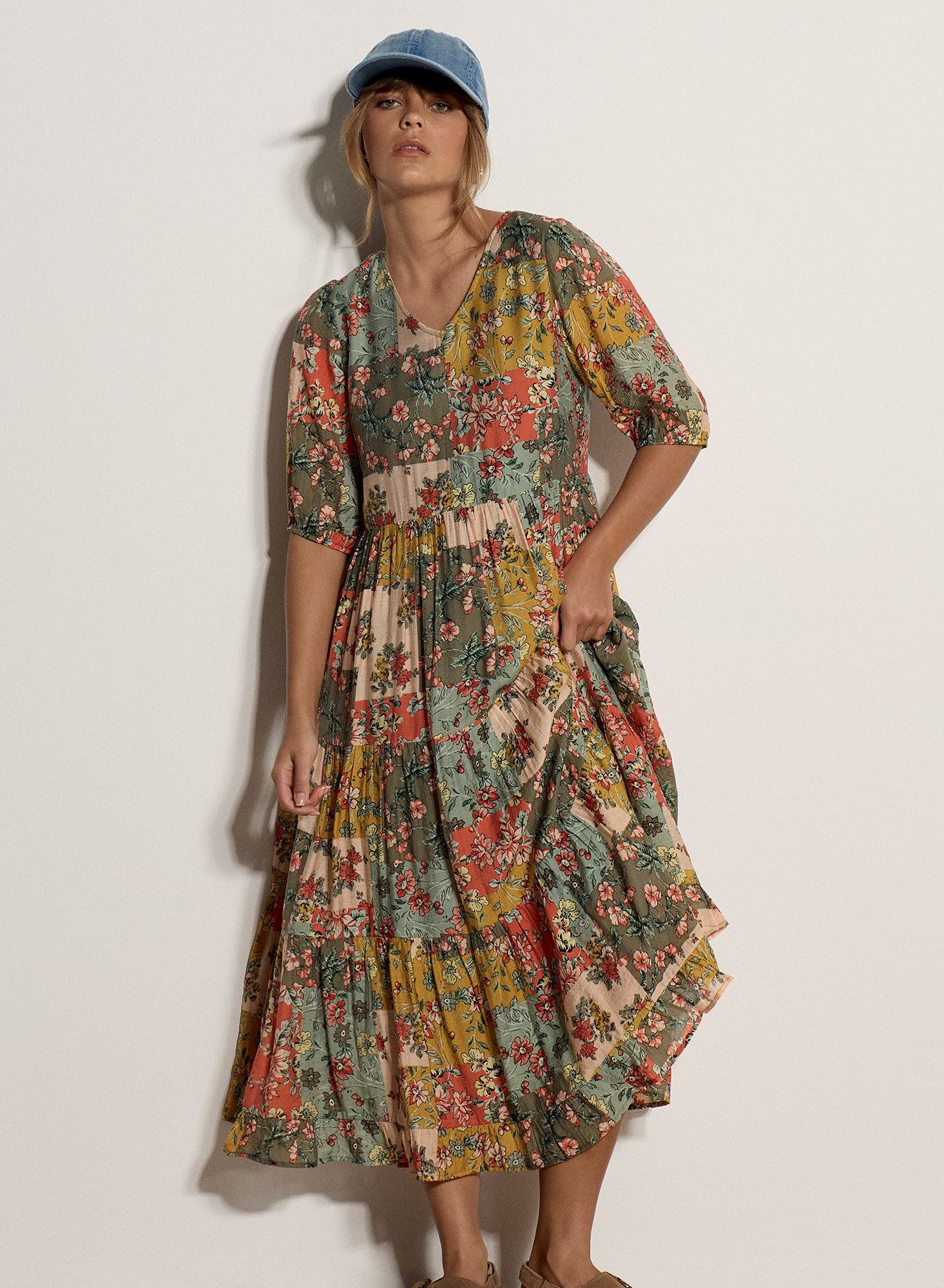 Apricot Midikleid Patchworkkleid mit Stufenrock