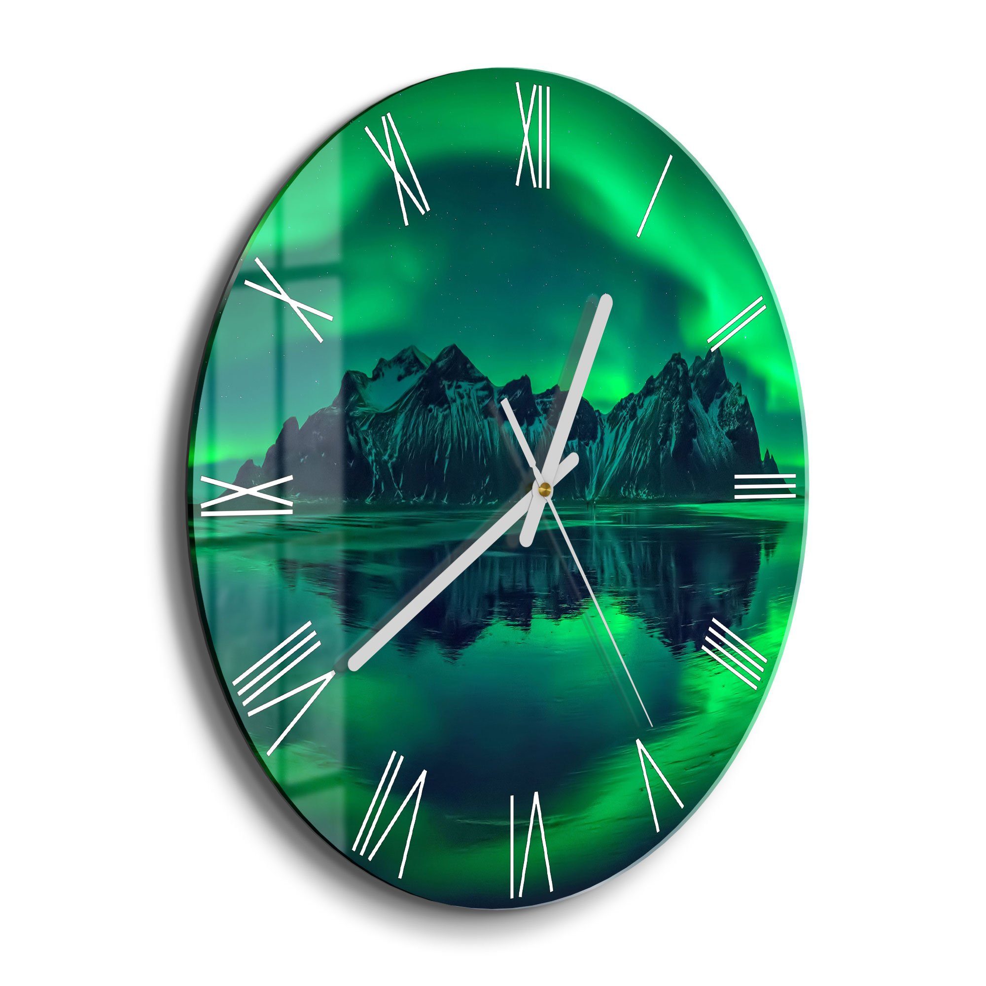 DEQORI Wanduhr 'Vestrahorn im Polarlicht' (Glas Glasuhr modern Wand Uhr Design Küchenuhr)