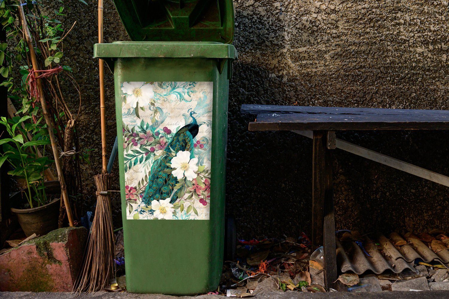 MuchoWow Wandsticker Kunst Pfau Blumen Mülleimer-aufkleber, Abfalbehälter St), (1 Sticker, Mülltonne, - - Container